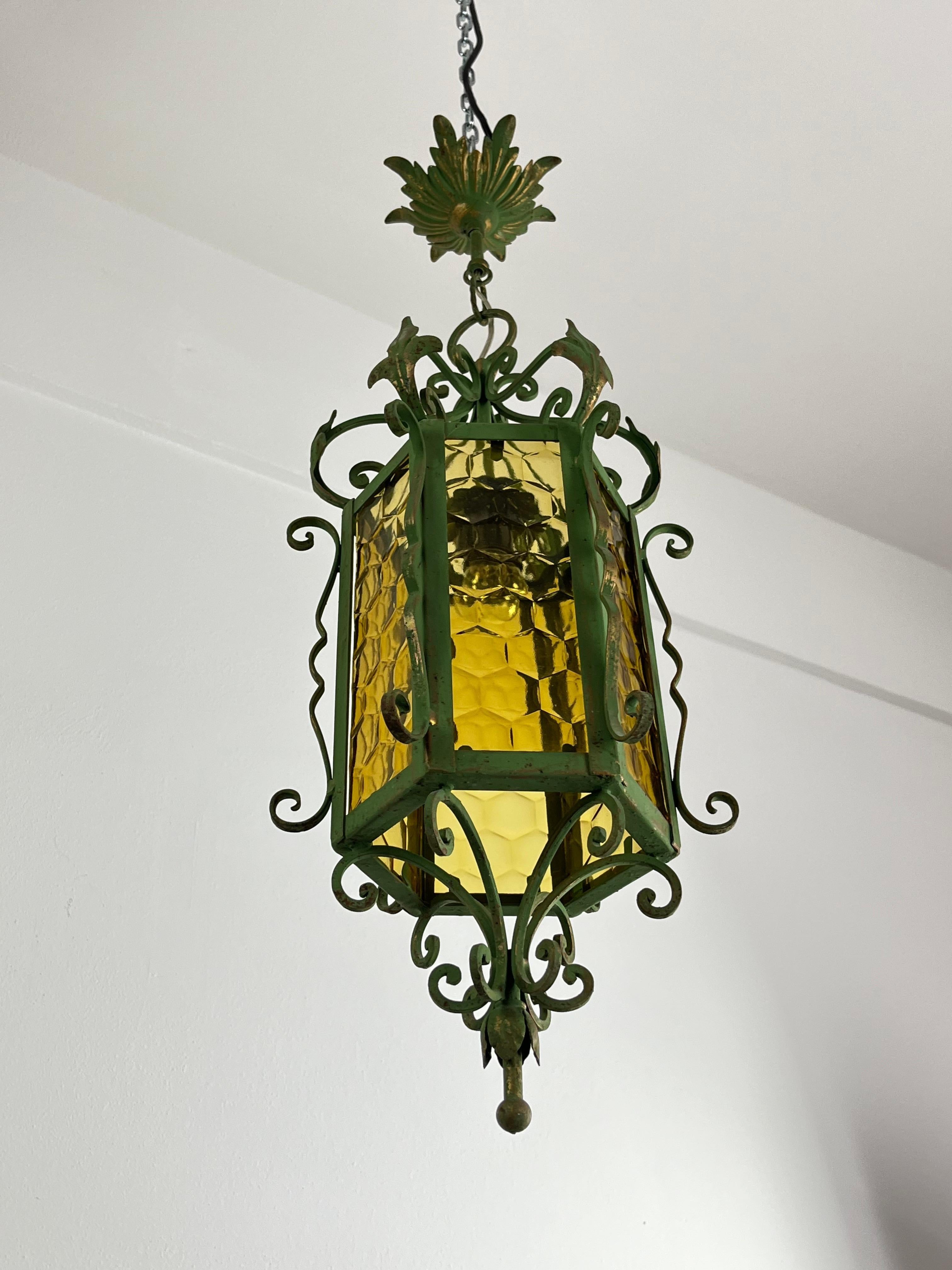 Mid-Century Lantern In Wrought Iron and Colored Glass, Made In Italy, 1960s For Sale 3