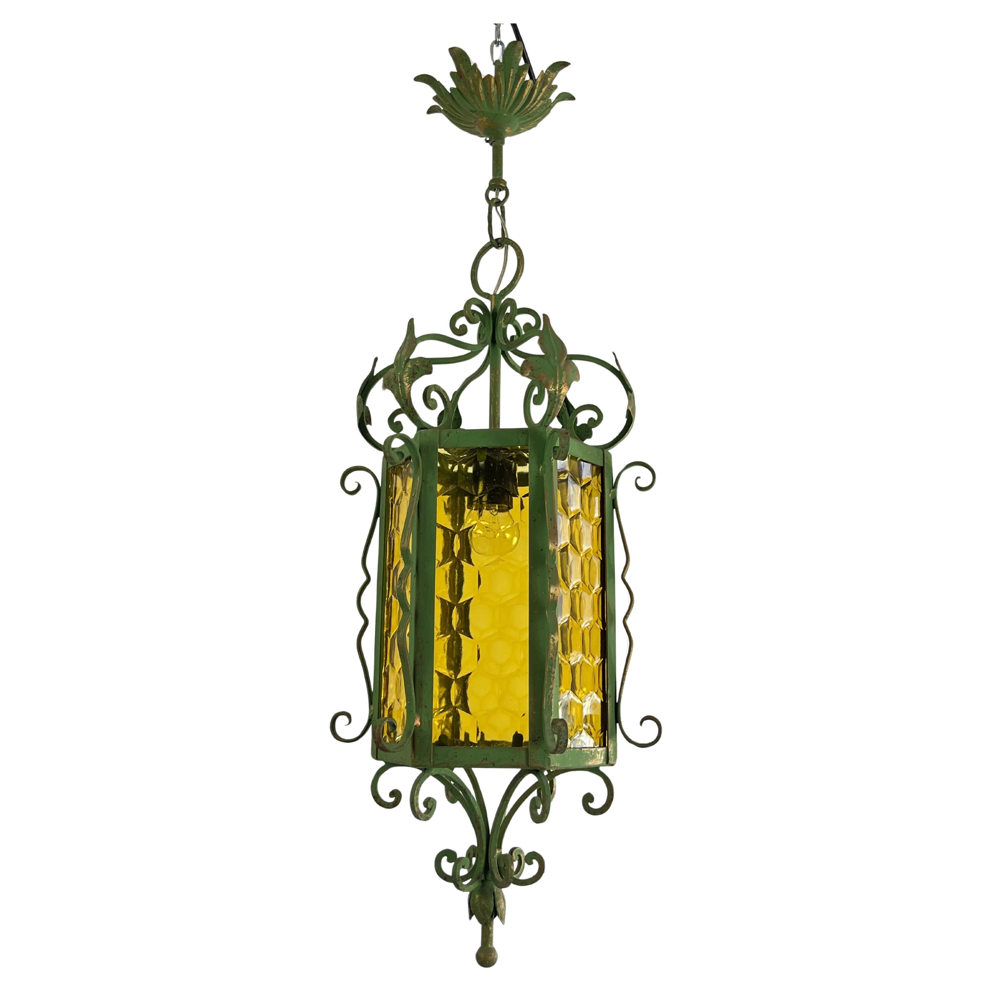 Mid-Century Lantern In Wrought Iron and Colored Glass, Made In Italy, 1960s