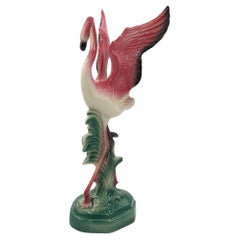 Mid-century Large 13" Tall Mid-Flight Pink Flamingo Ceramic Tabletop Statue