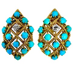 Orecchini a clip di metà secolo, grandi, in oro giallo 18 carati, turchese e diamanti