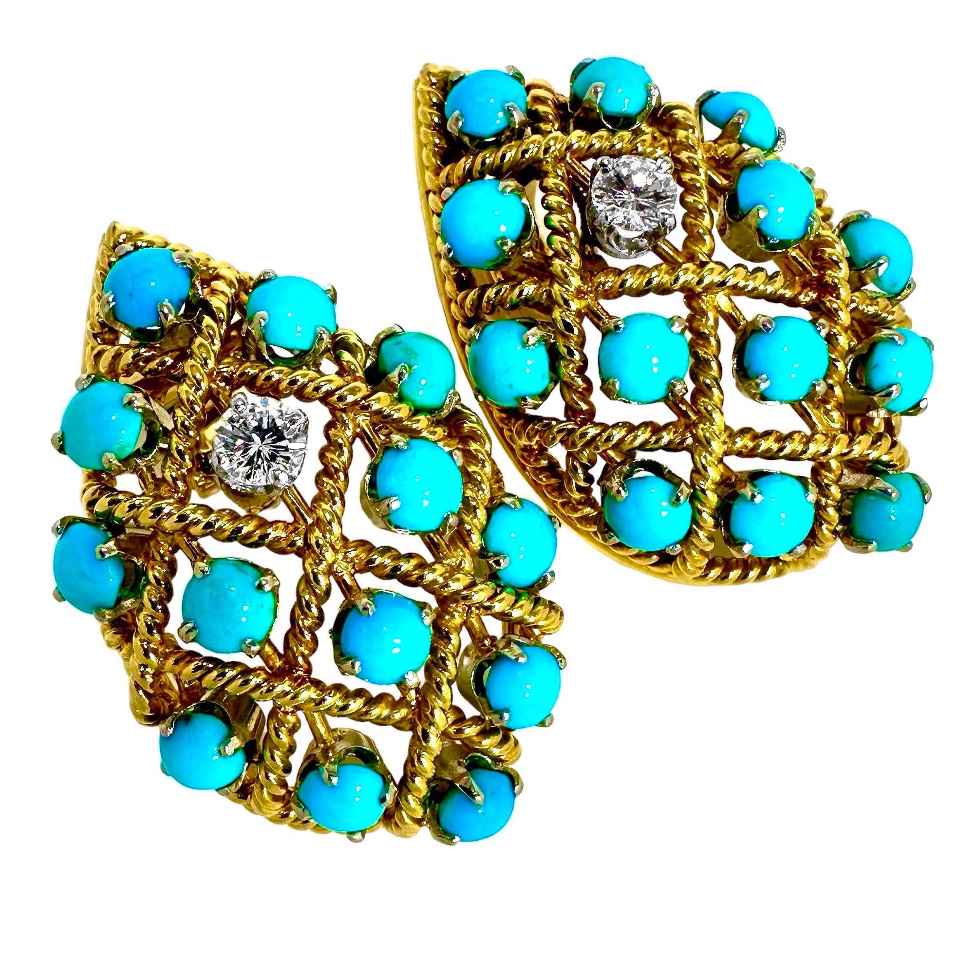 Modern Mid-Century, Large, 18k Yellow Gold, Turquoise and Diamond Clip On Earrings  For Sale