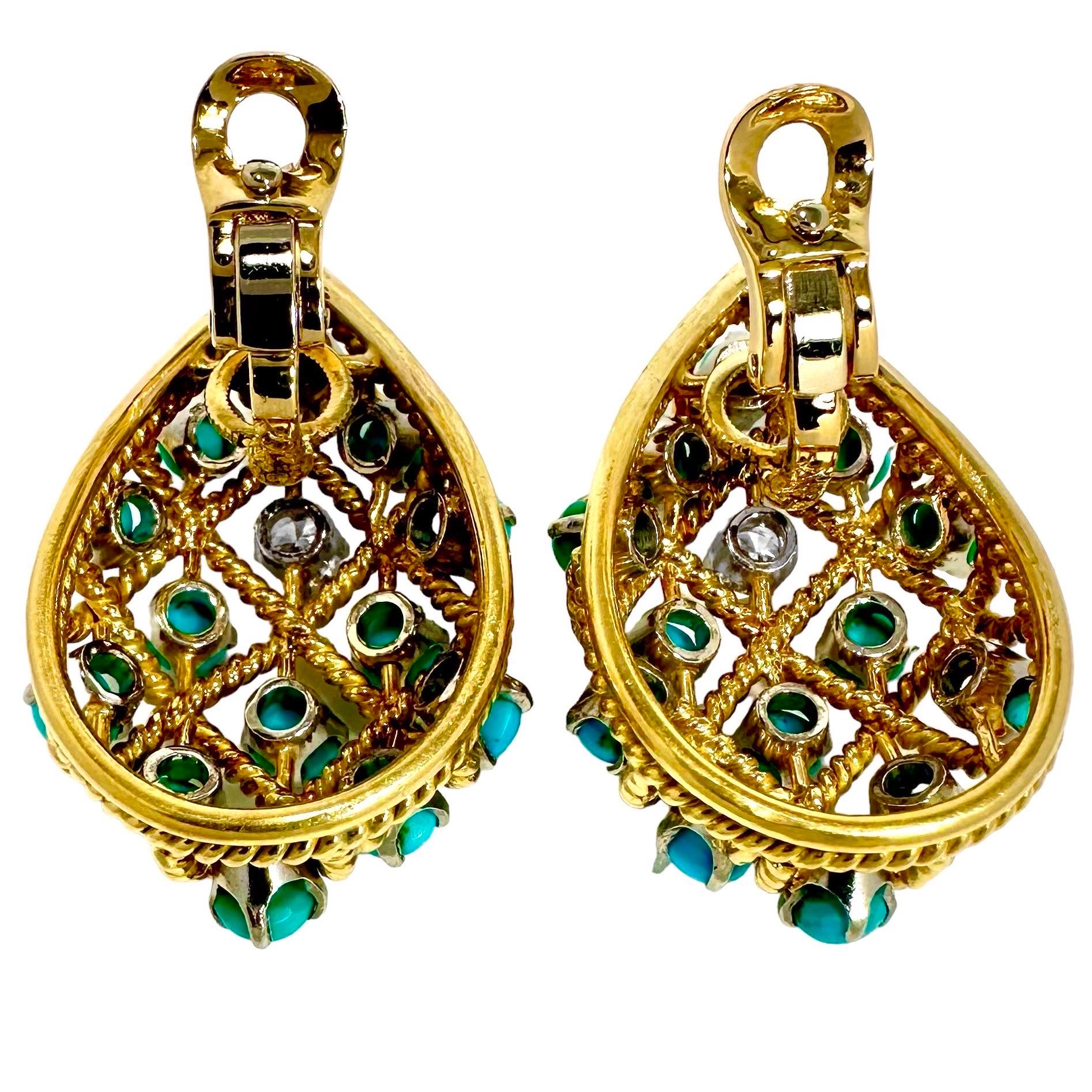 Brilliant Cut Mid-Century, Large, 18k Yellow Gold, Turquoise and Diamond Clip On Earrings  For Sale