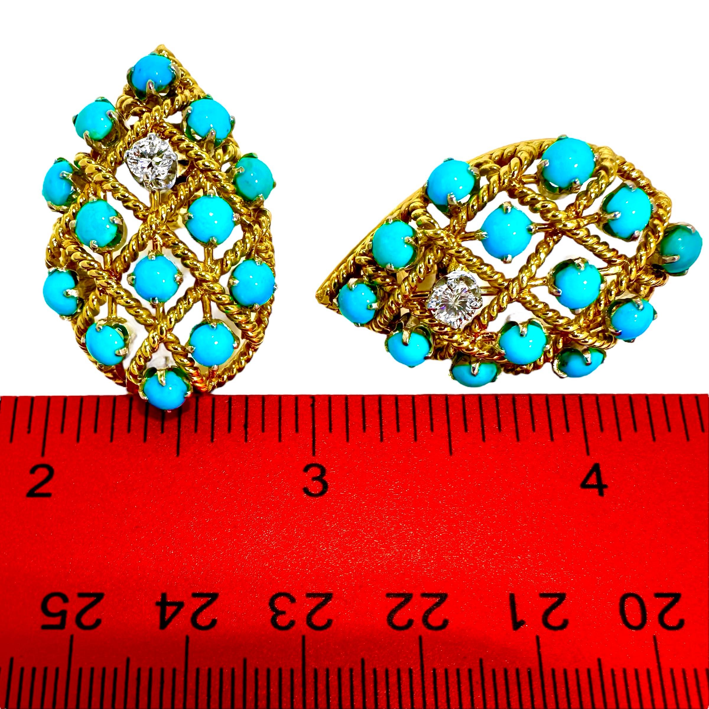 Women's Mid-Century, Large, 18k Yellow Gold, Turquoise and Diamond Clip On Earrings  For Sale