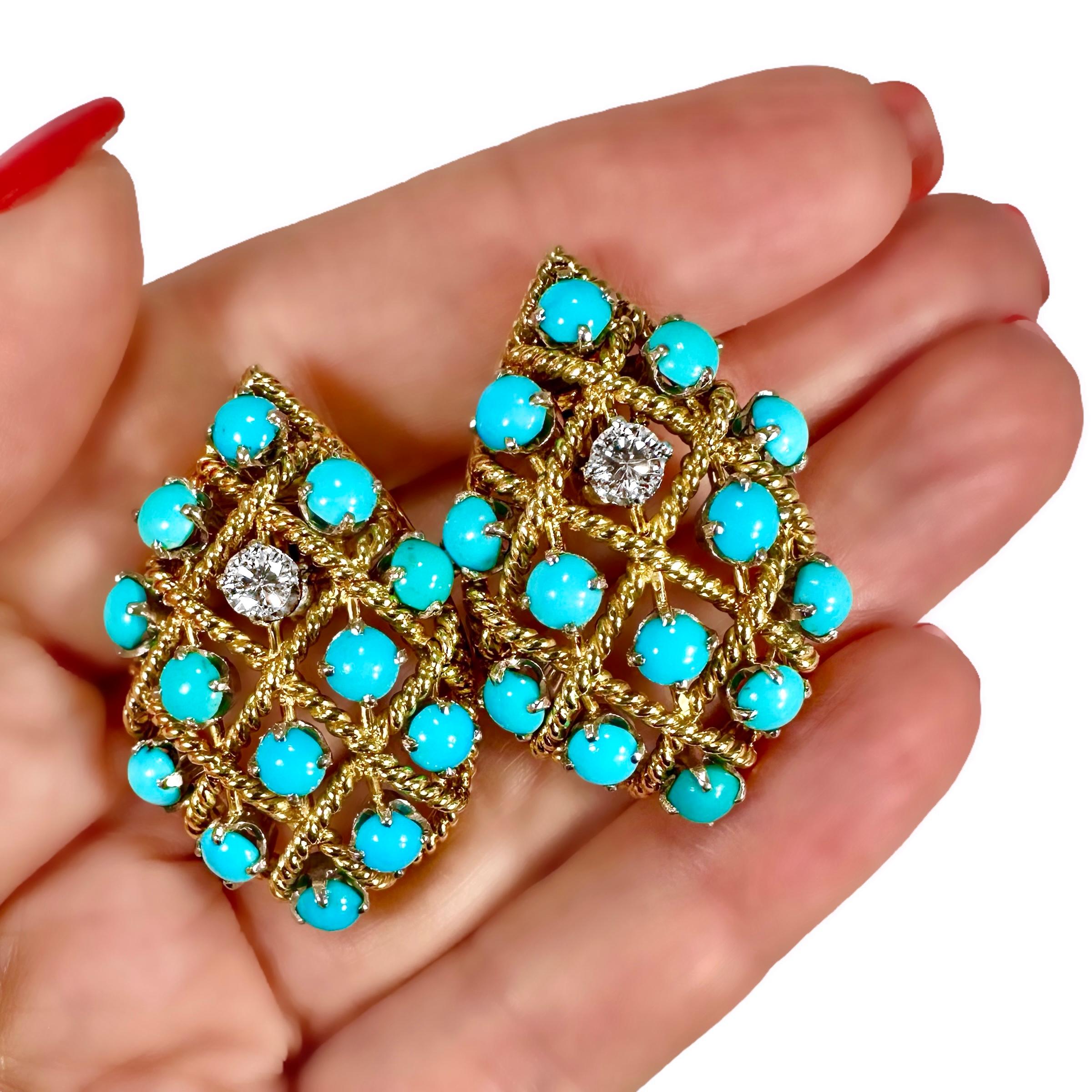 Mid-Century, Large, 18k Yellow Gold, Turquoise and Diamond Clip On Earrings  For Sale 1