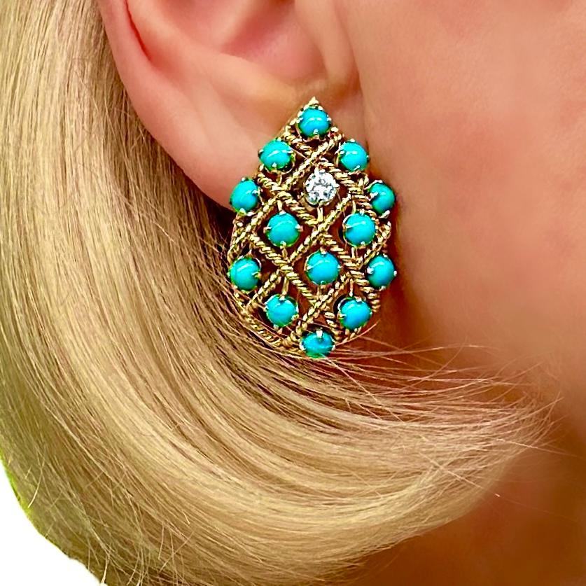 Mid-Century, Large, 18k Yellow Gold, Turquoise and Diamond Clip On Earrings  For Sale 2