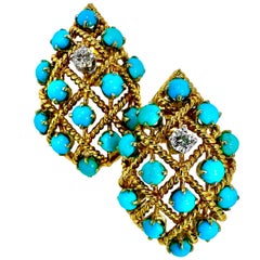 Mid-Century, Large, 18k Yellow Gold, Turquoise and Diamond Clip On Earrings 