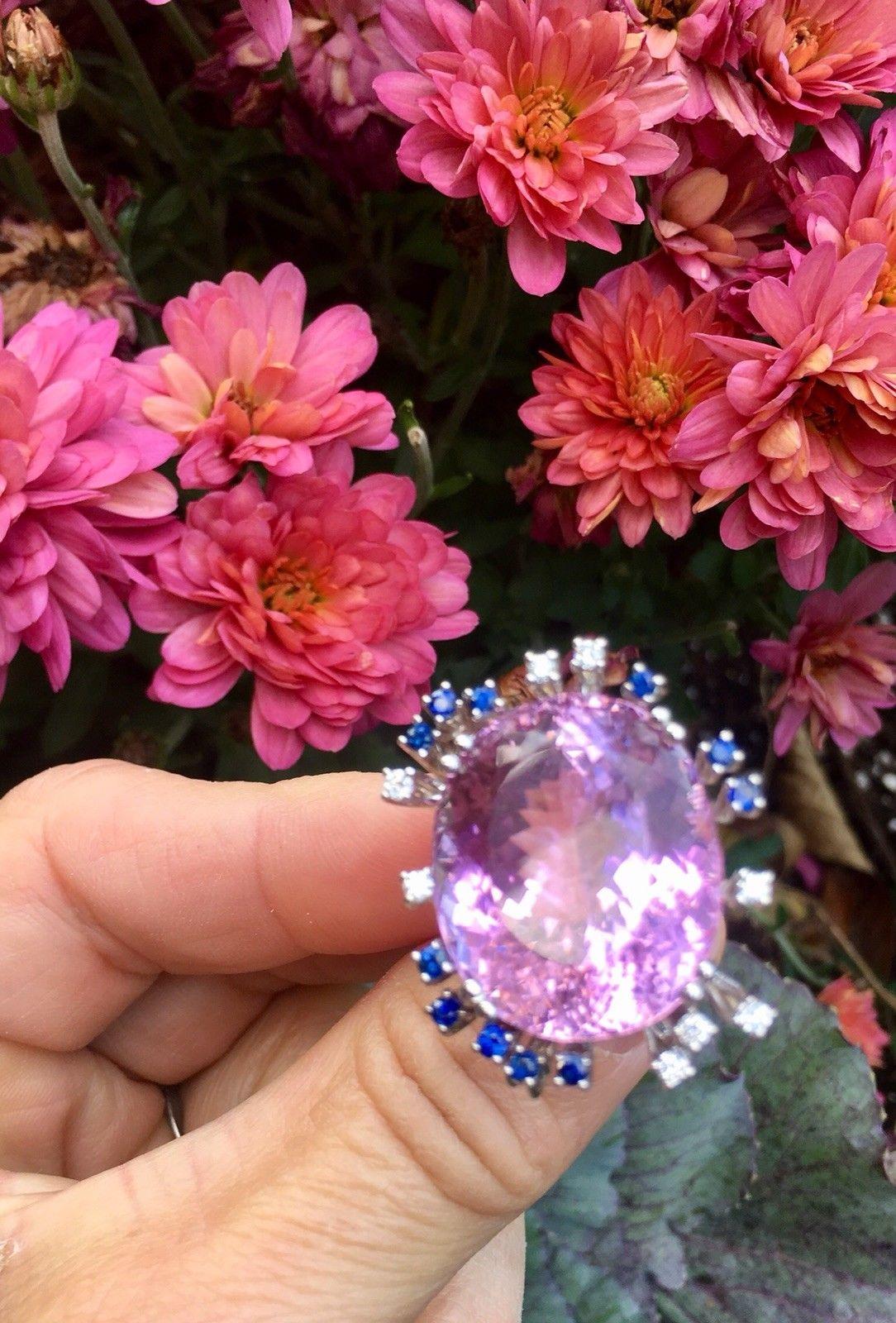 Mid Century Large 1950s 47 Carat Kunzite Diamond Sapphire Statement Ring In Excellent Condition For Sale In Shaker Heights, OH