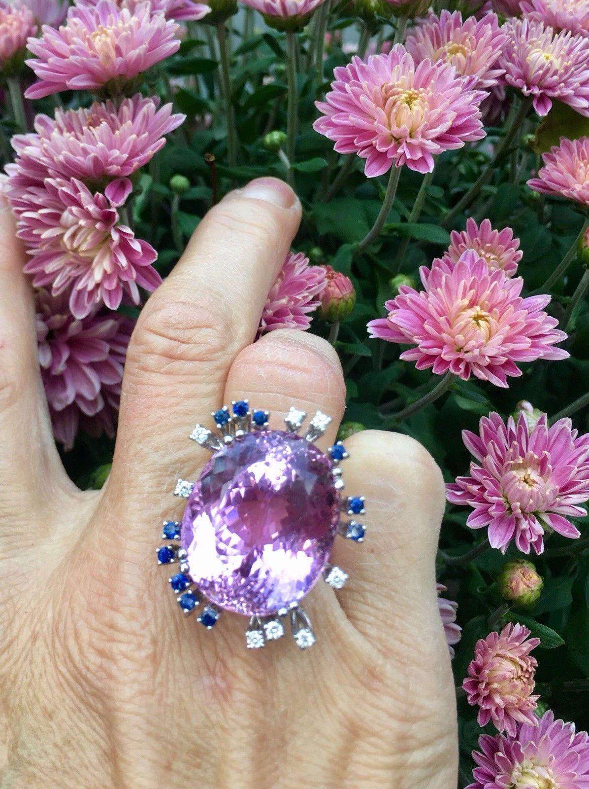 Mid Century Large 1950s 47 Carat Kunzite Diamond Sapphire Statement Ring For Sale 1