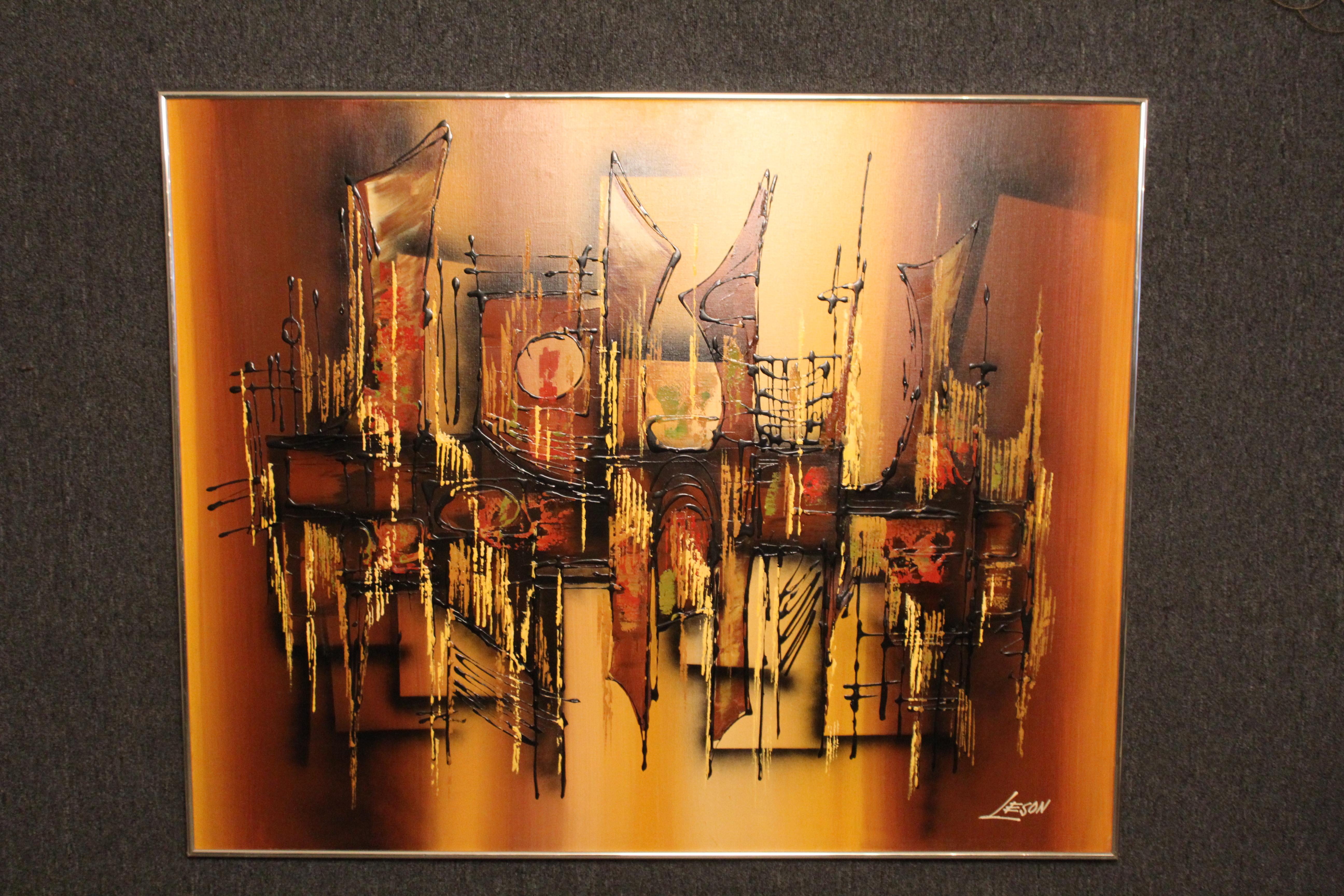 Peint Grande huile sur toile abstraite du milieu du siècle dernier par Leson en vente