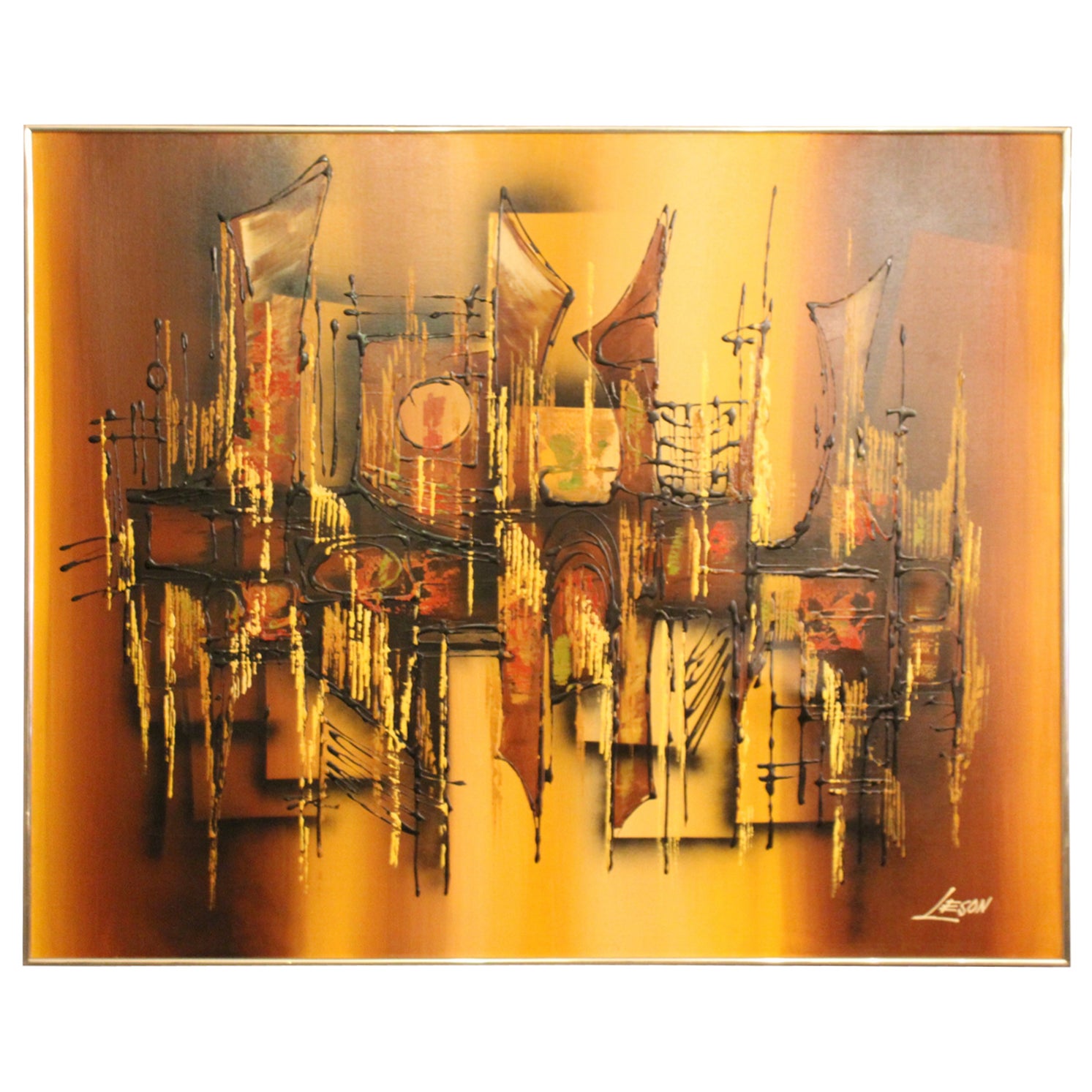 Grande huile sur toile abstraite du milieu du siècle dernier par Leson