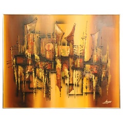 Grande huile sur toile abstraite du milieu du siècle dernier par Leson