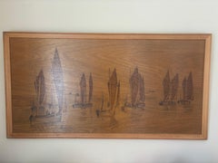 Mid Century Large Arts And Crafts Pyrography Fishing Fleet Ships, Signed