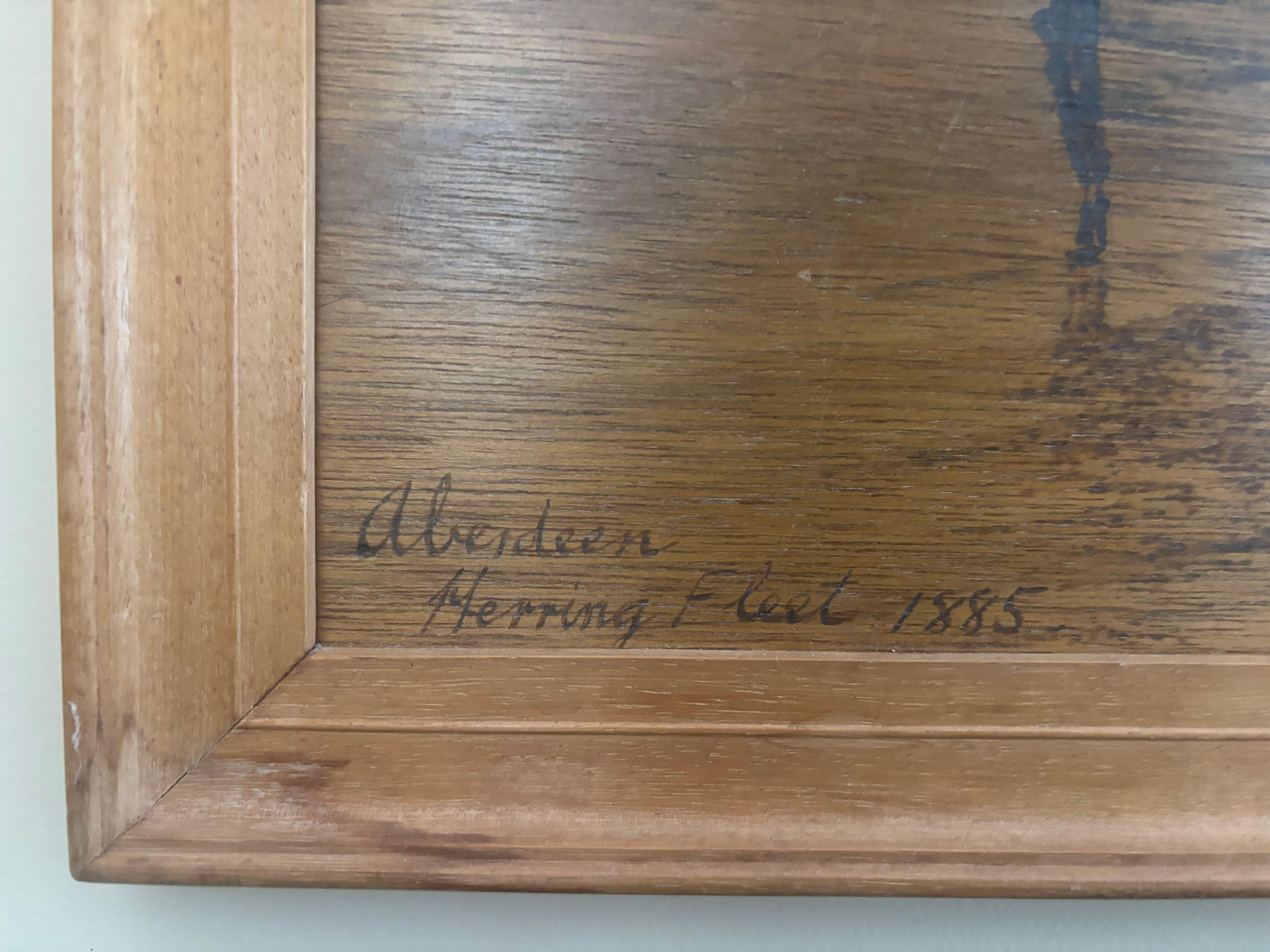 Mid Century Large Arts And Crafts Pyrographie Fischereiflotte Schiffe, signiert im Zustand „Gut“ im Angebot in South Burlington, VT