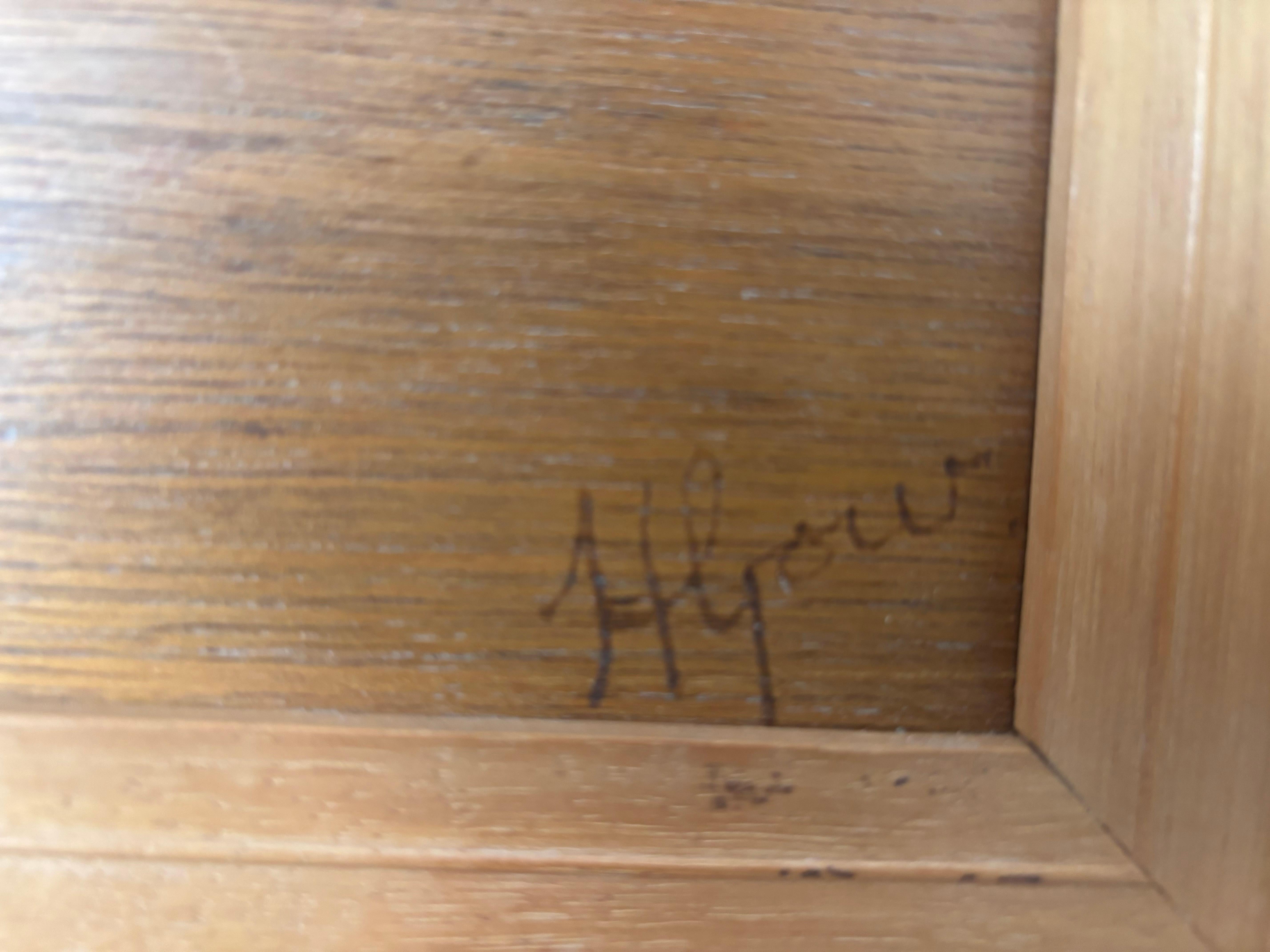 Mid Century Large Arts And Crafts Pyrographie Fischereiflotte Schiffe, signiert (20. Jahrhundert) im Angebot