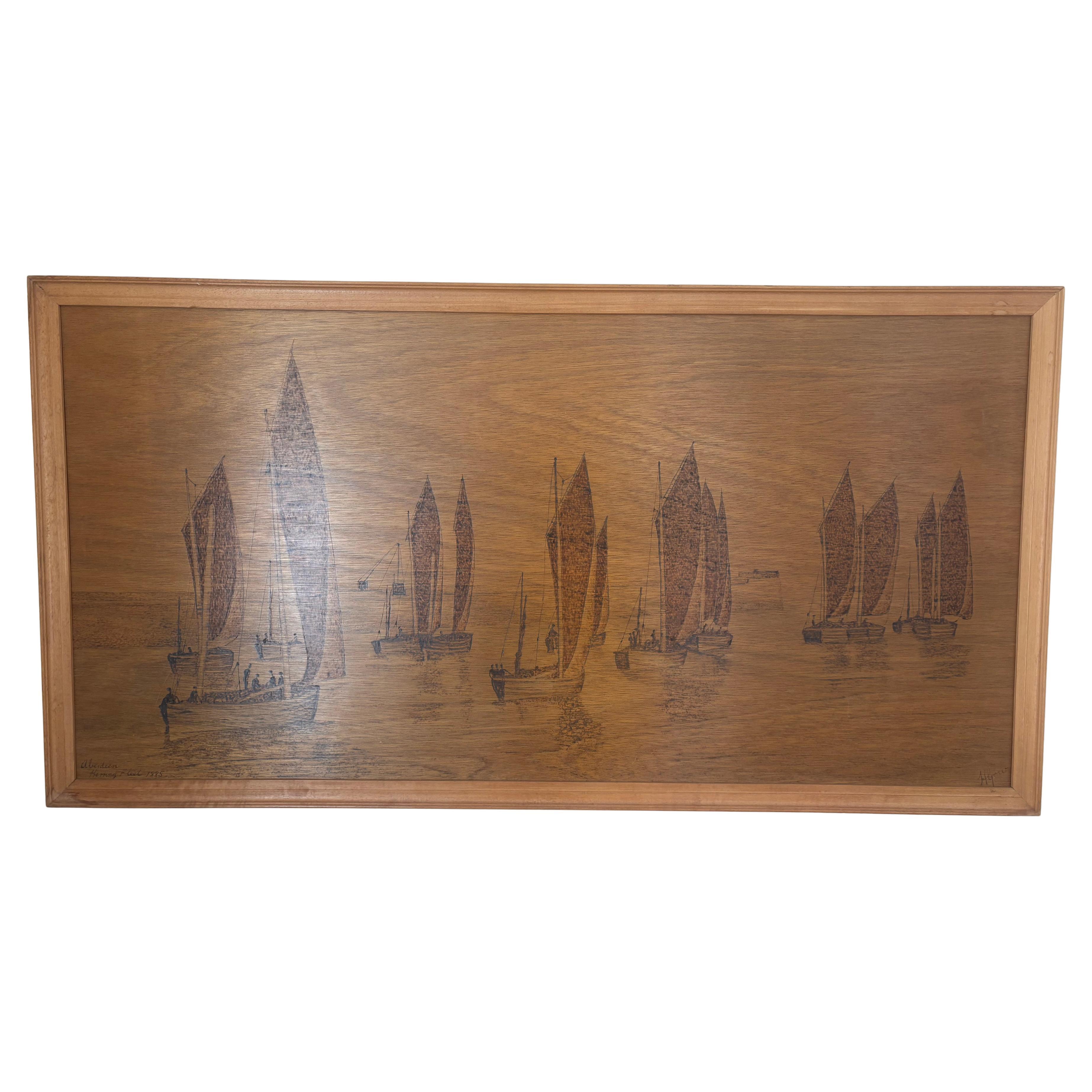 Mid Century Large Arts And Crafts Pyrographie Fischereiflotte Schiffe, signiert