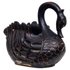 Mid Century Large Black Wooden Swan