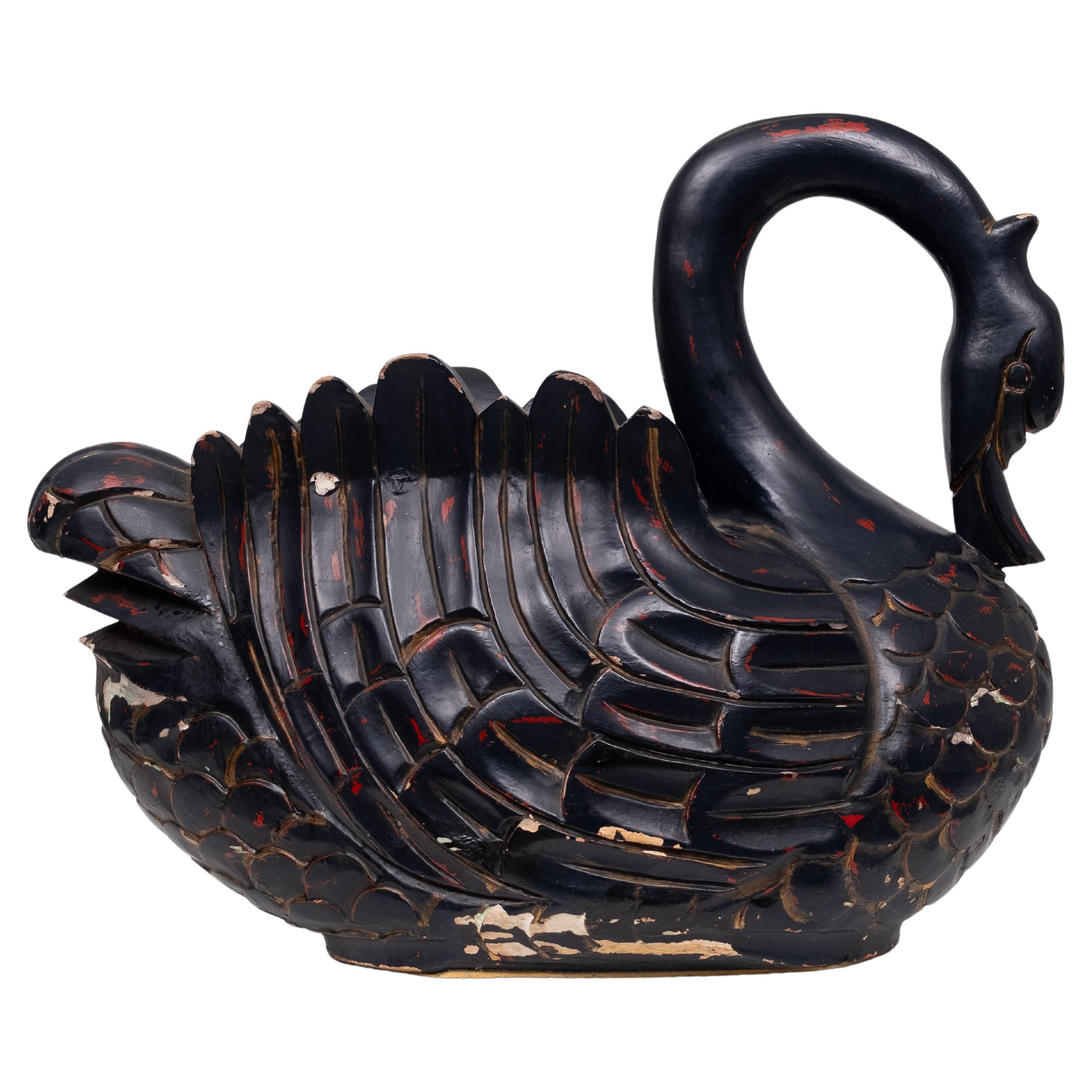 Mid Century Large Black Wooden Swan
