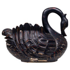 Mid Century Large Black Wooden Swan