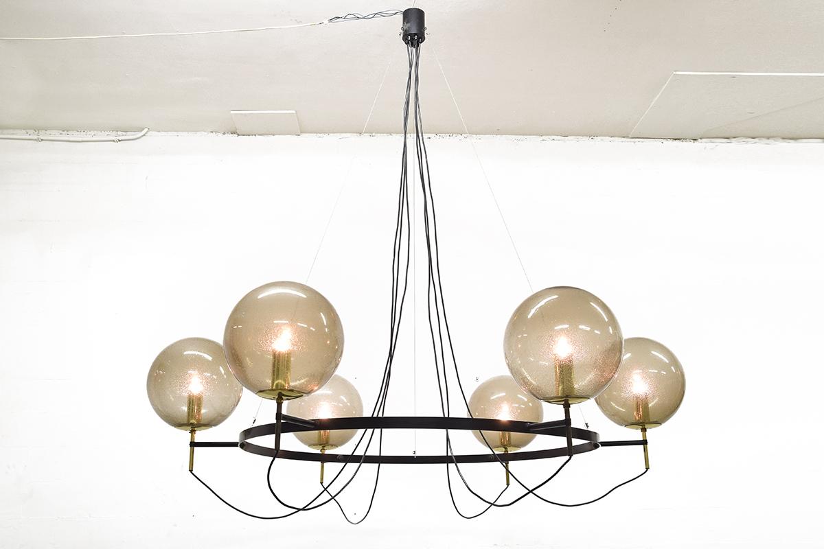 Amazing large chandelier with six hand blown glass globes /spheres made by Limburg Glashütte in the 1960s. Perfect for styling a large room.