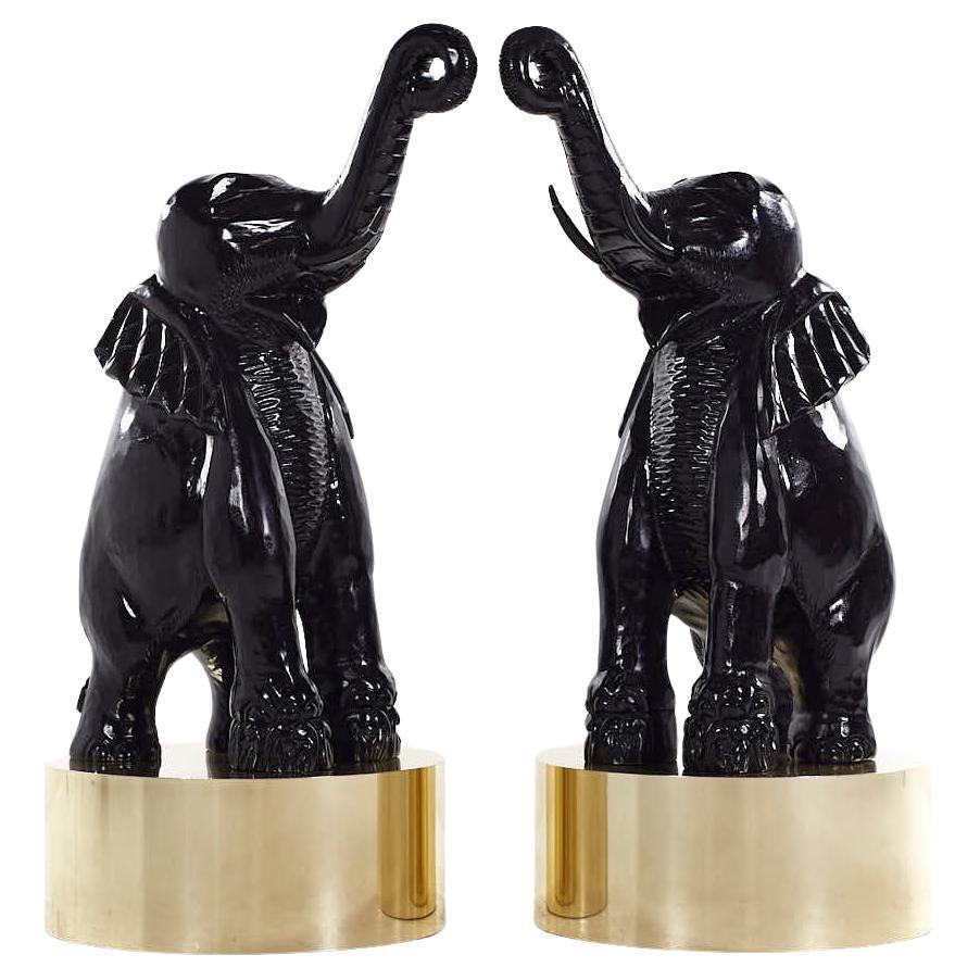 Mid Century Large Brass Base Elephant Sculptures - Pair