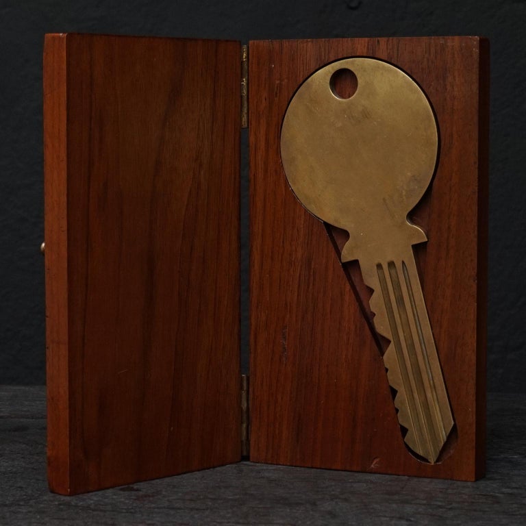 Midcentury Large Brass Key in Walnut Wood Flat Box Shaped as a Door For