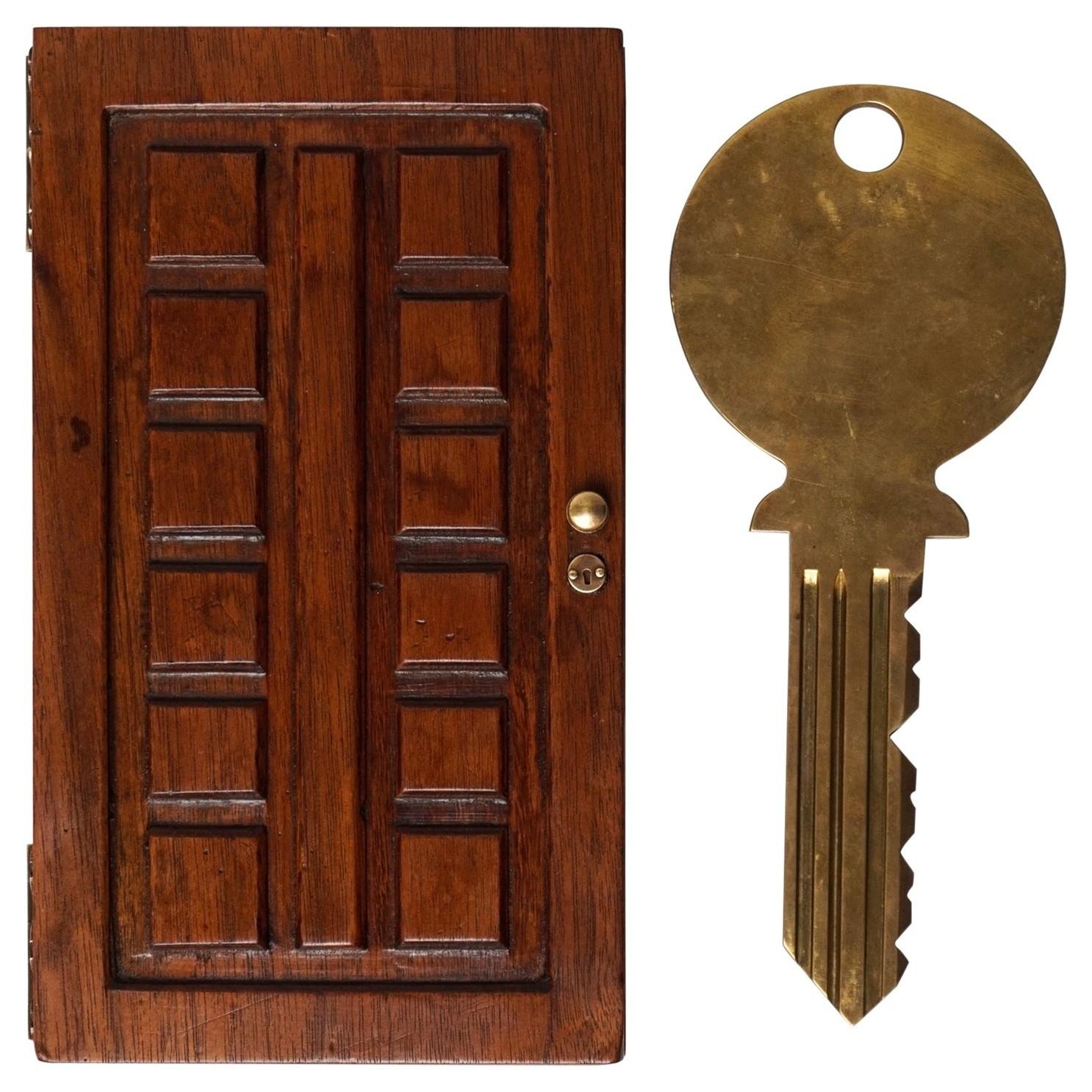 Midcentury Large Brass Key in Walnut Wood Flat Box Shaped as a Door