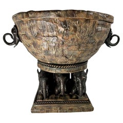 Mid-Century Large Bronze Elephant and Wood Bowl Centerpiece