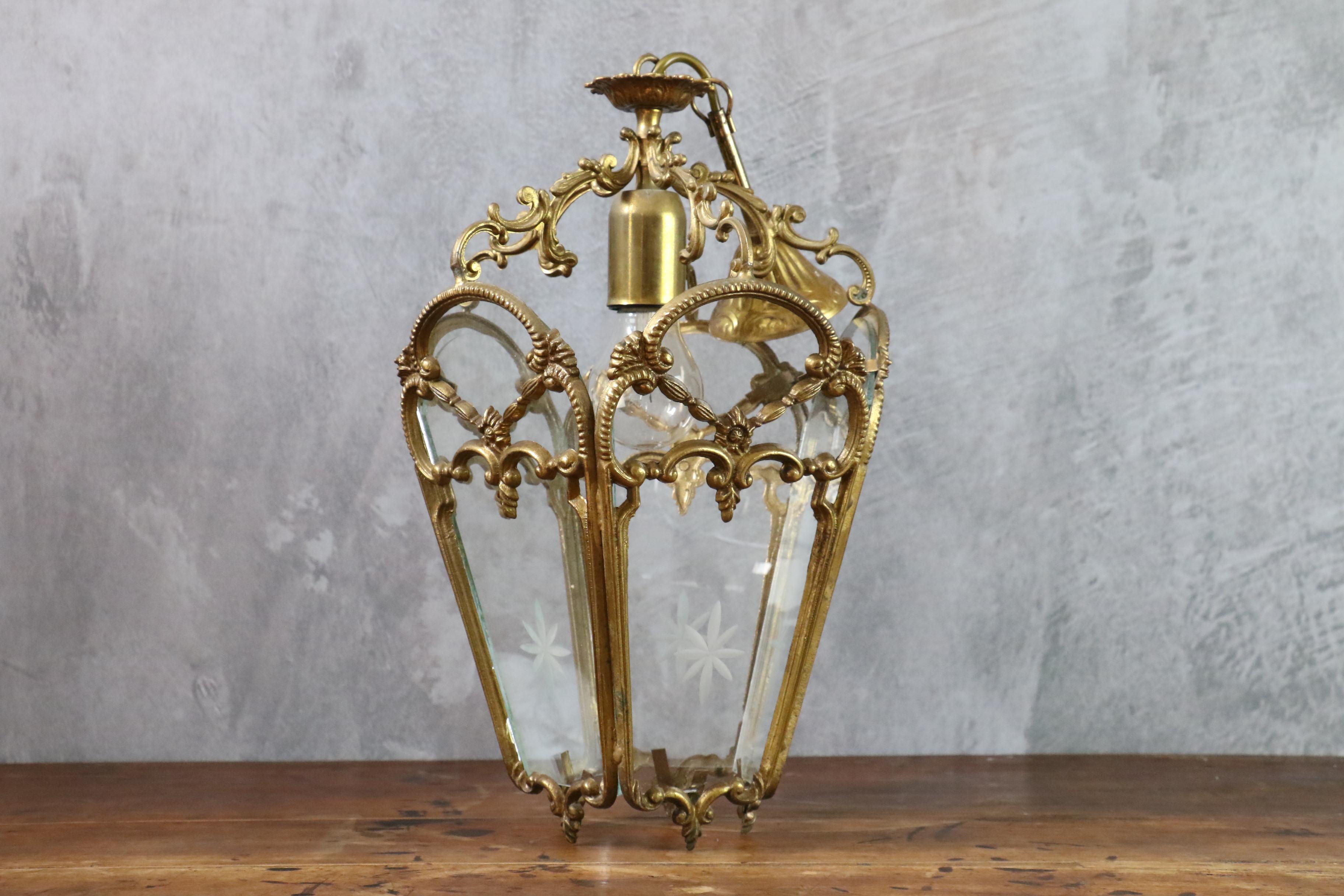 Engraved Mid-century large bronze lantern pendant, Louis XV style.  For Sale