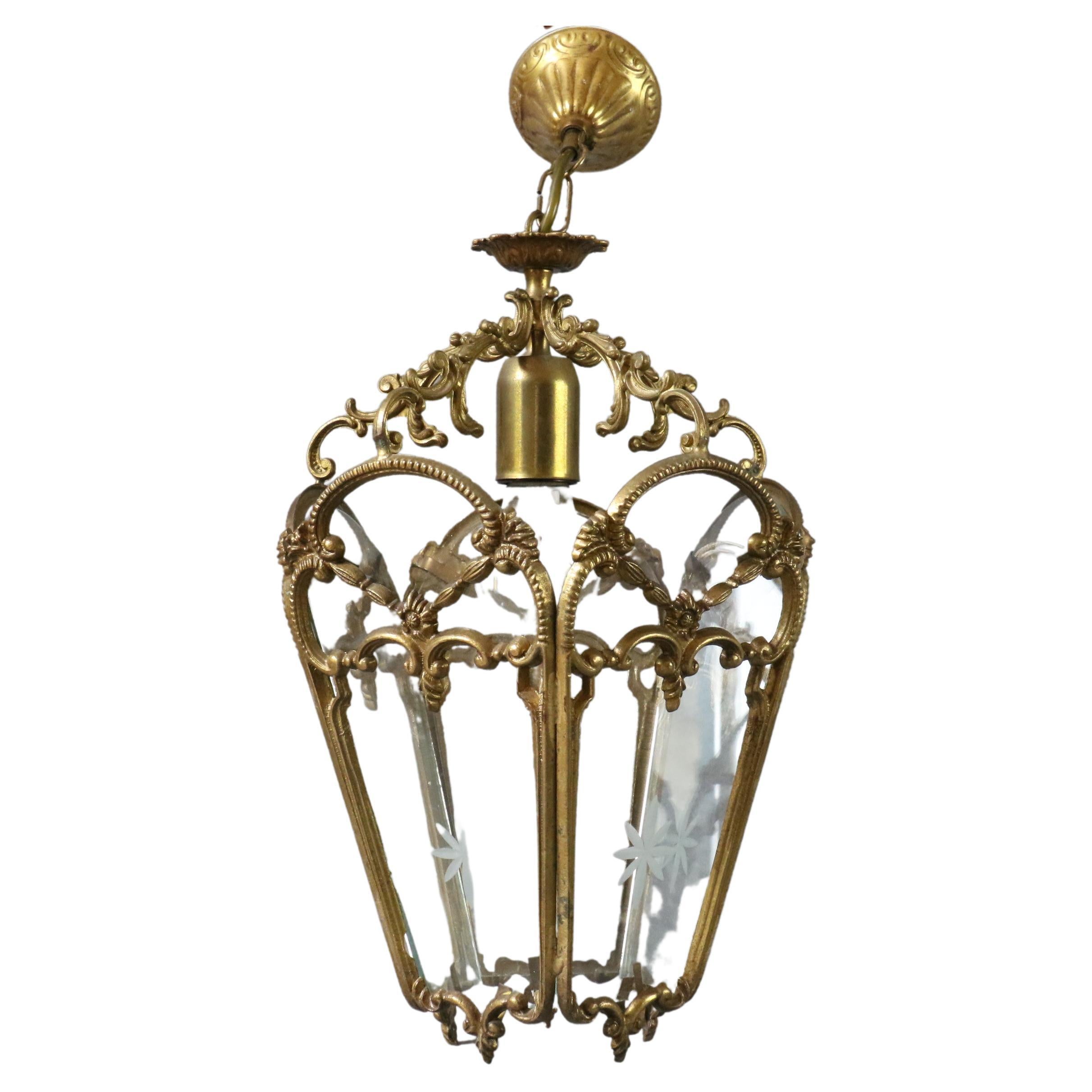 Mid-century large bronze lantern pendant, Louis XV style.  For Sale