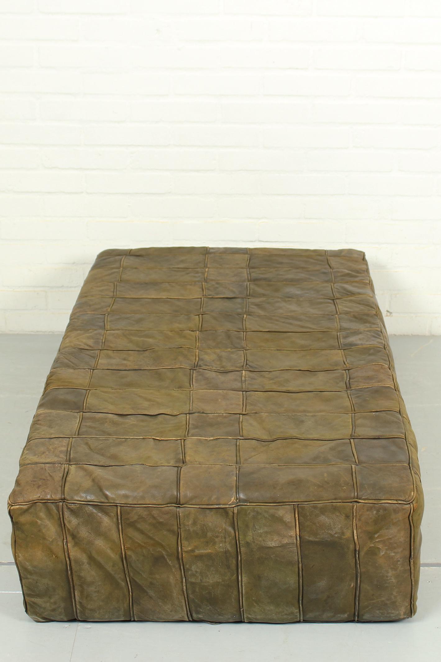 Mid Century Large Brown Patchwork Leather Foot Stool For Sale 1