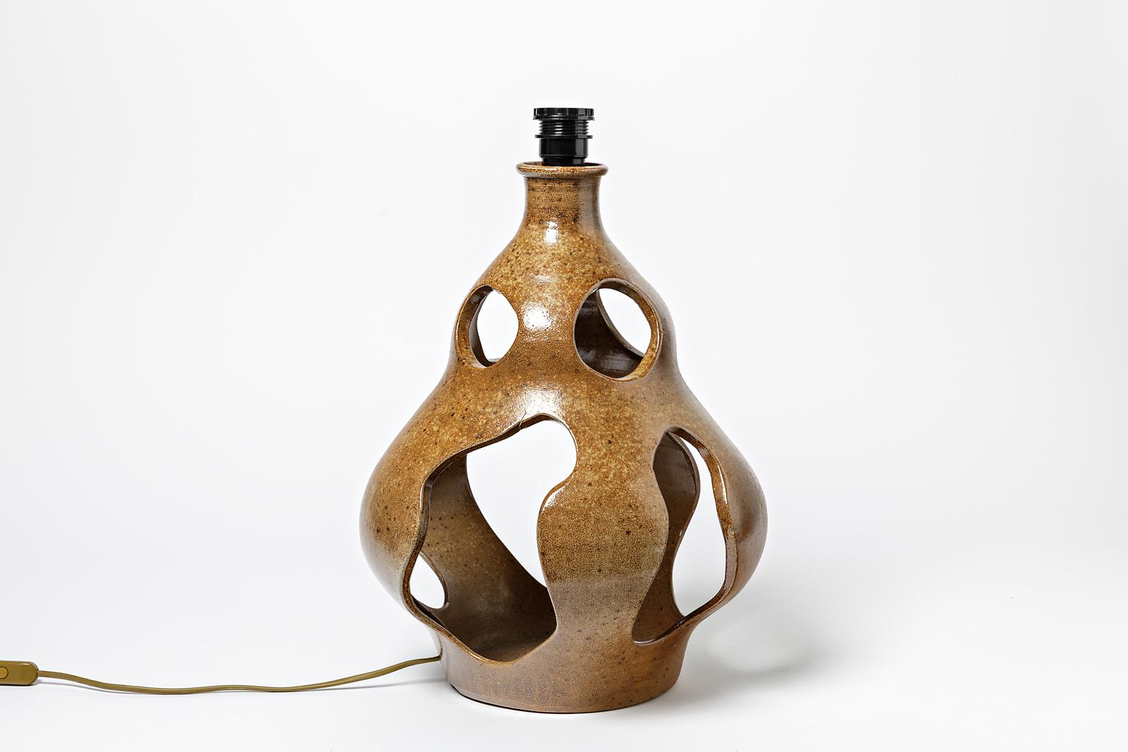 Mid-Century Modern Midcentury Large Brown Stoneware Ceramic Table Lamp , circa 1970 For Sale