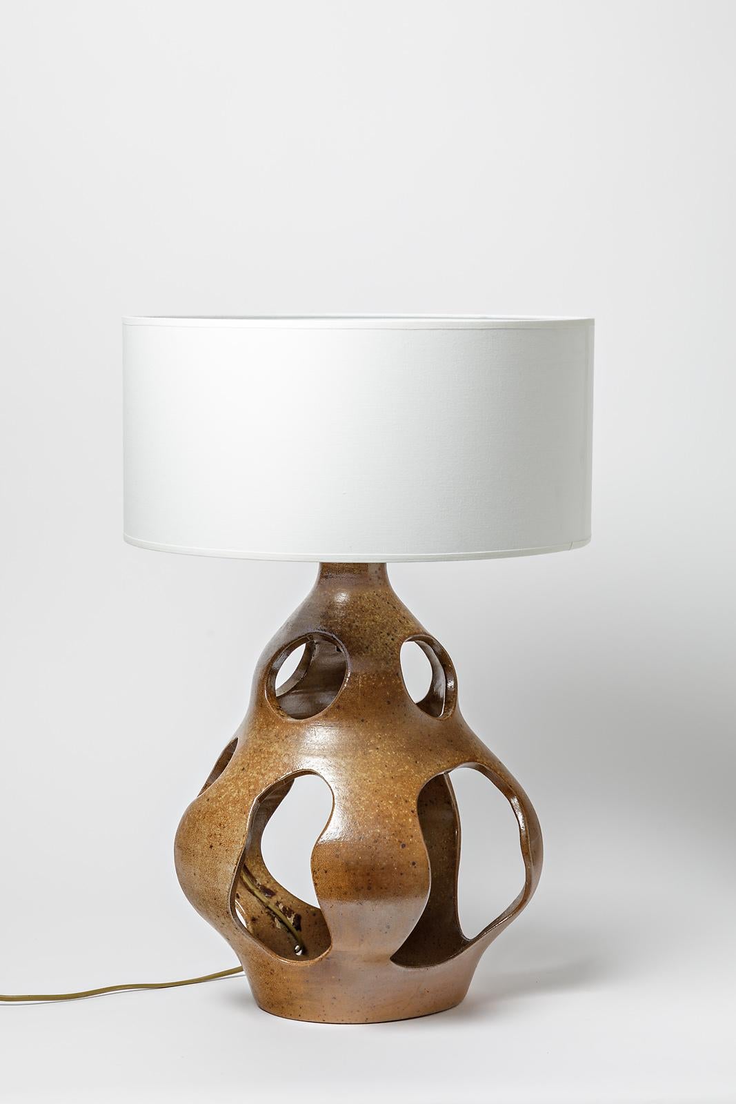 20th Century Midcentury Large Brown Stoneware Ceramic Table Lamp , circa 1970 For Sale
