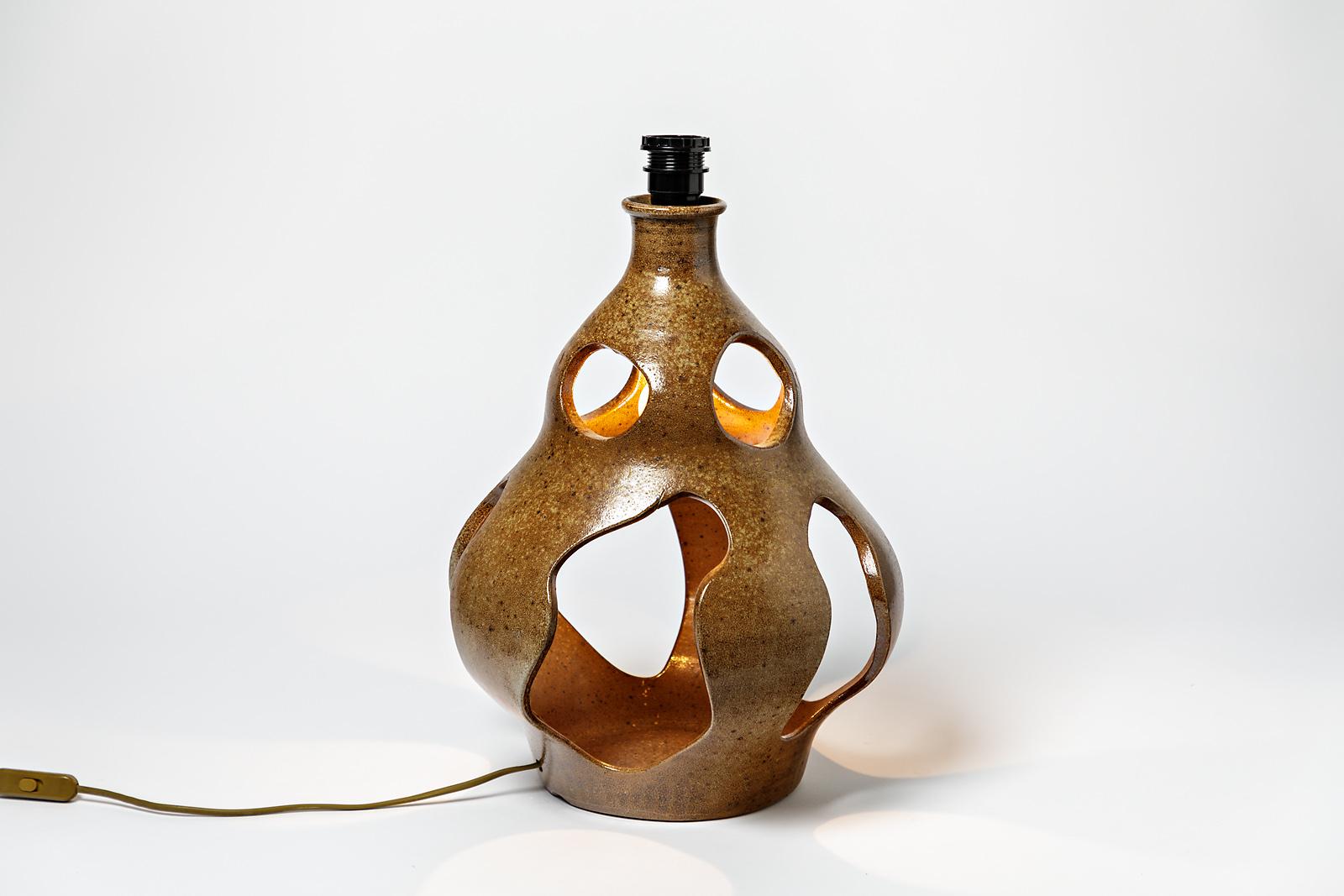 Midcentury Large Brown Stoneware Ceramic Table Lamp , circa 1970 For Sale 1