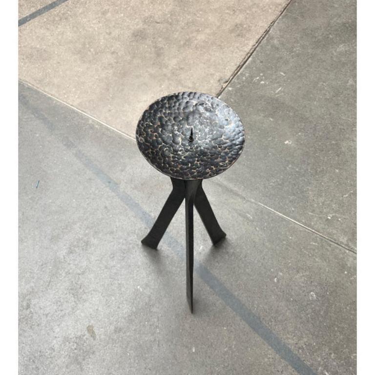 European Mid-Century Large Brutalist Wrought Iron Tripod Floor Candleholder, 1960s For Sale