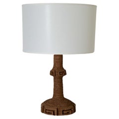 Mid-Century Large Ceramic Lamp with Greek Key Design and Newer Linen Shade