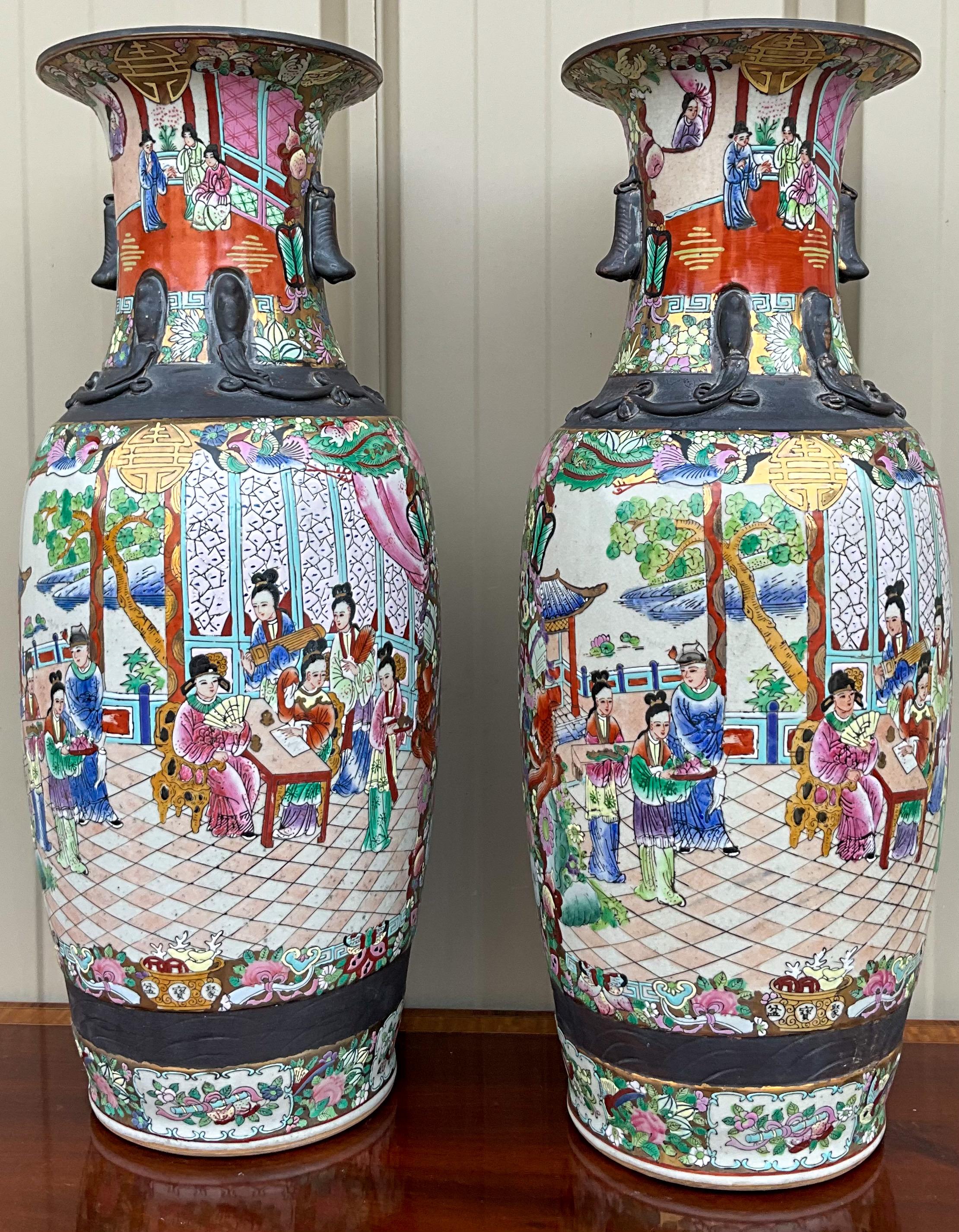 Mid-Century Large Chinese Export Style Famille Rose / Rose Medallion Vases, Pair In Good Condition In Kennesaw, GA