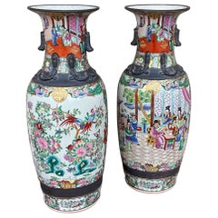 Mid-Century Large Chinese Export Style Famille Rose / Rose Medallion Vases, Pair Mid-Century Large Chinese Export Style Famille Rose / Rose Medallion Vases, Pair
