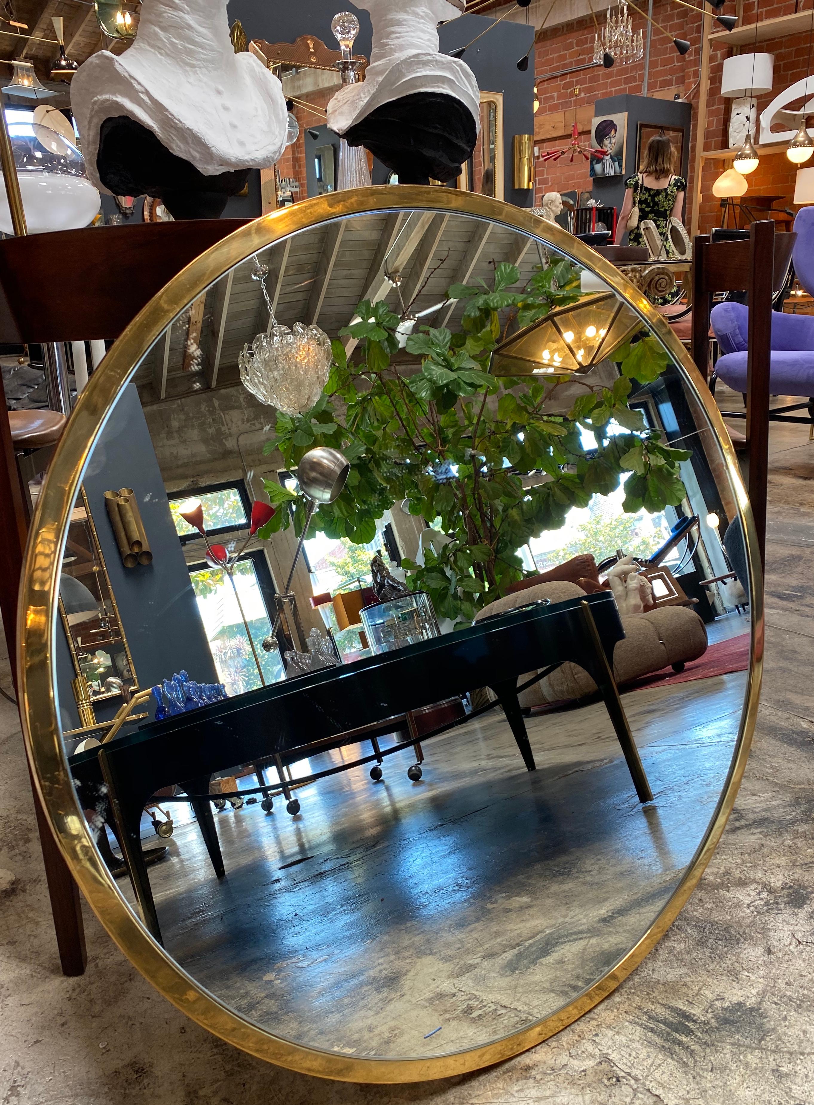 Italian Midcentury Large Circular Brass Mirror, Italy, 1950s