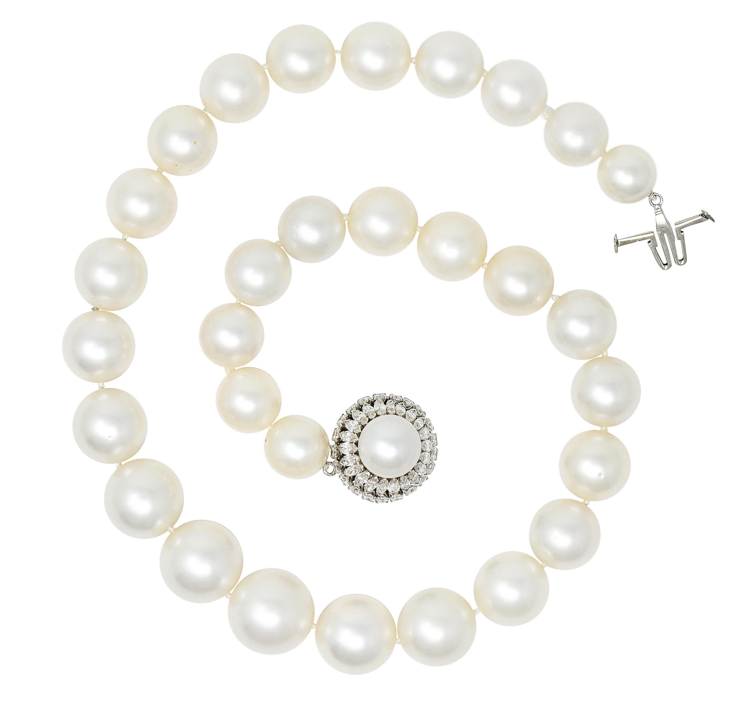 Strand necklace is comprised of Cultured pearls - hand-knotted

Graduating in size from 12.5 mm to 17.0 mm - well matched in white body color

Exhibiting subtle to moderate rosè overtones and featuring good to very good luster

Clasp is ornately