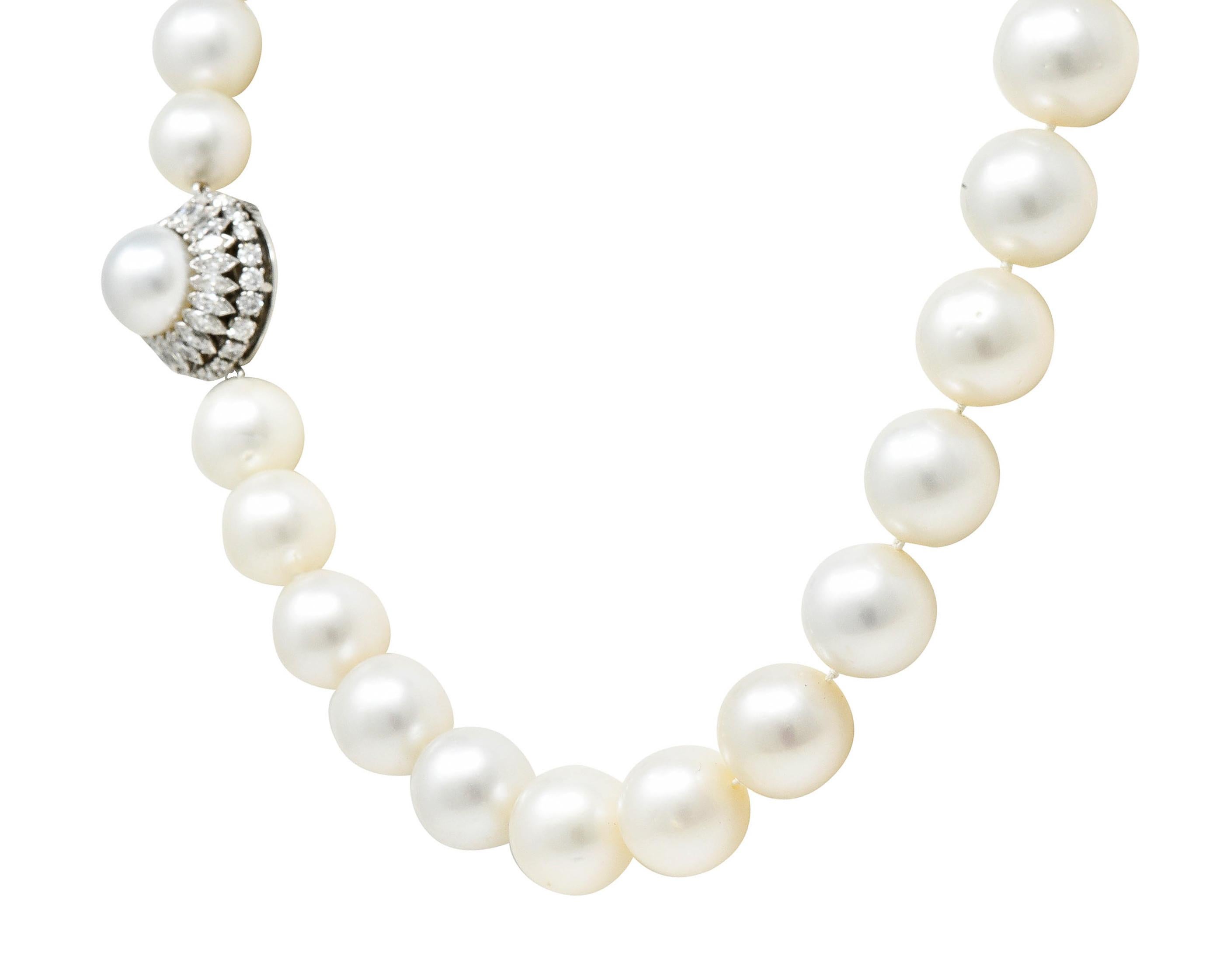 Marquise Cut Mid-Century Large Cultured Pearl 3.50 CTW Diamond Strand Necklace For Sale