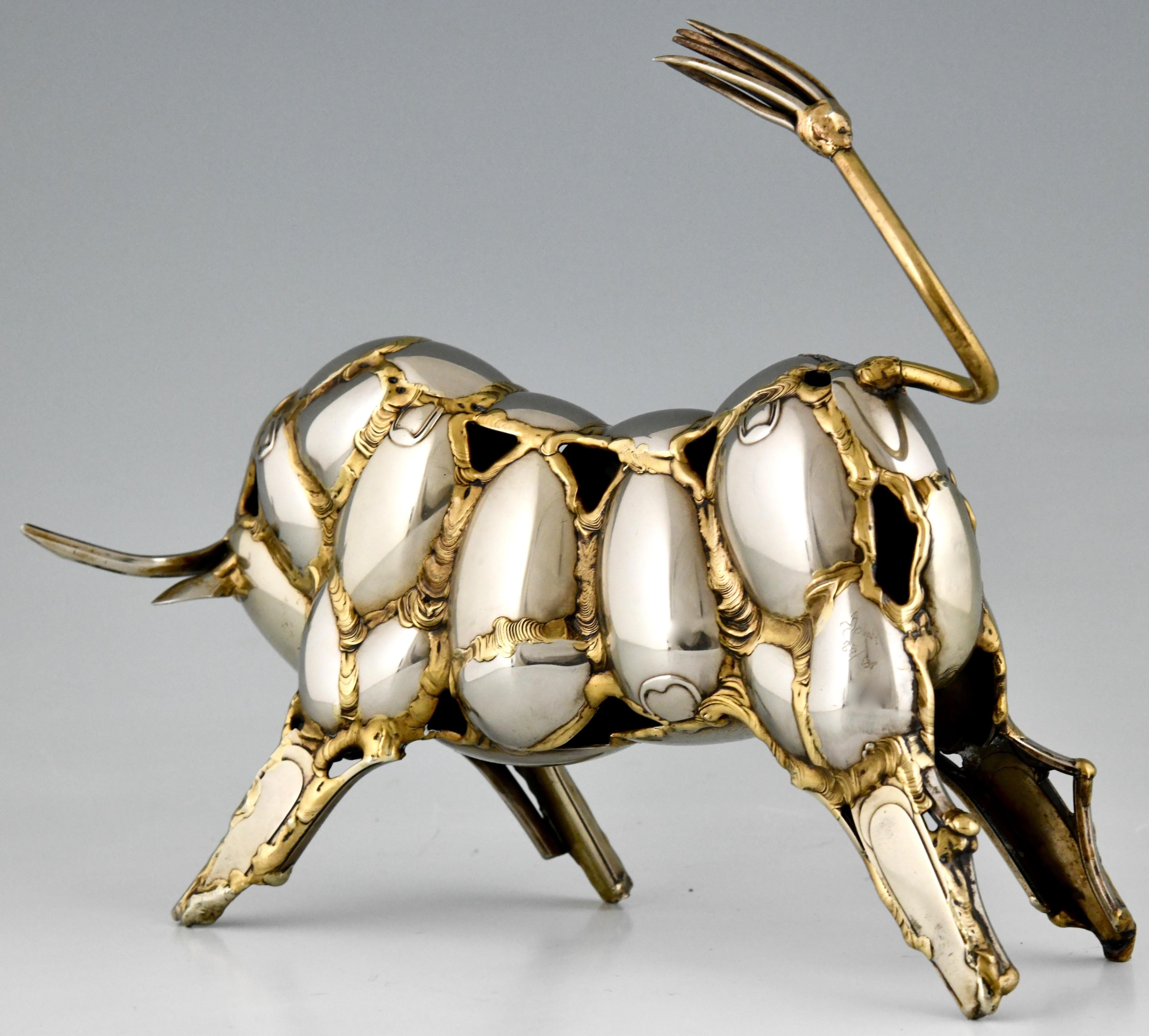 Late 20th Century Mid Century Large Cutlery Sculpture of a Bull Gerard Bouvier One of a Kind