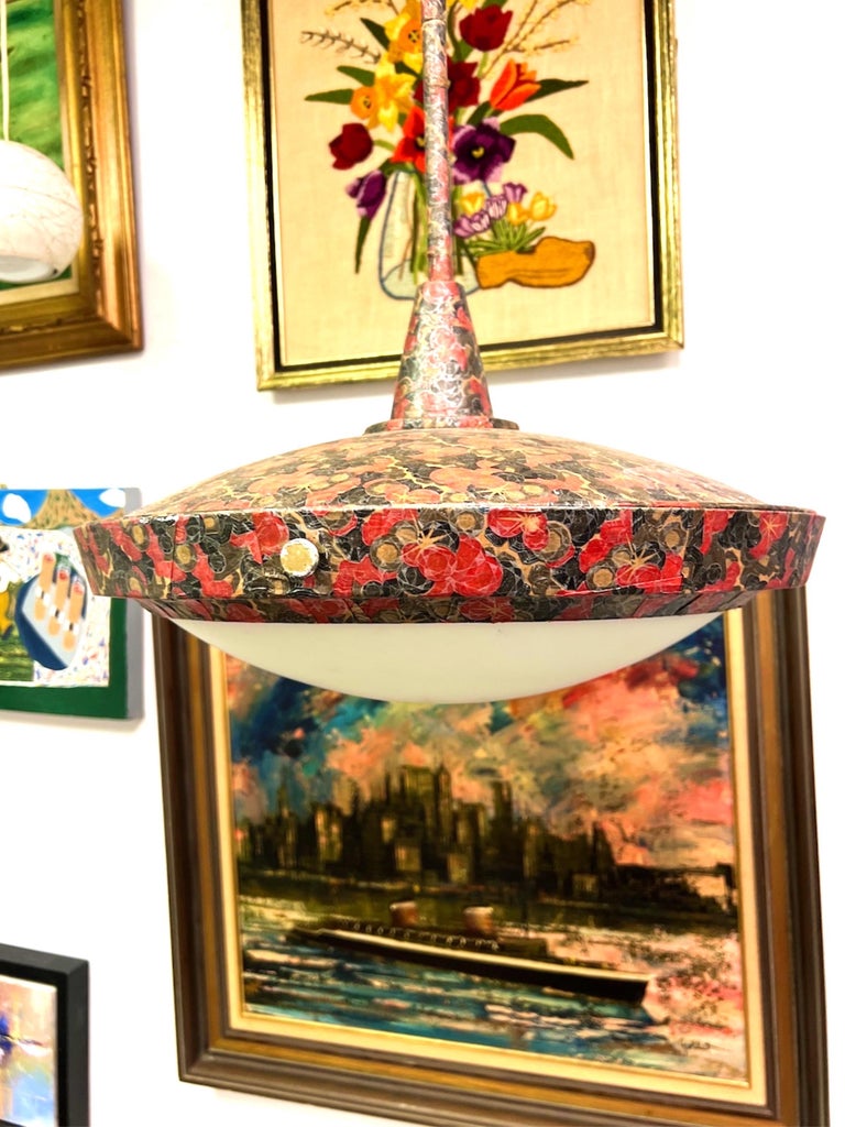 Mid-Century Large Decoupaged Saucer Pendant Light For Sale at 1stDibs
