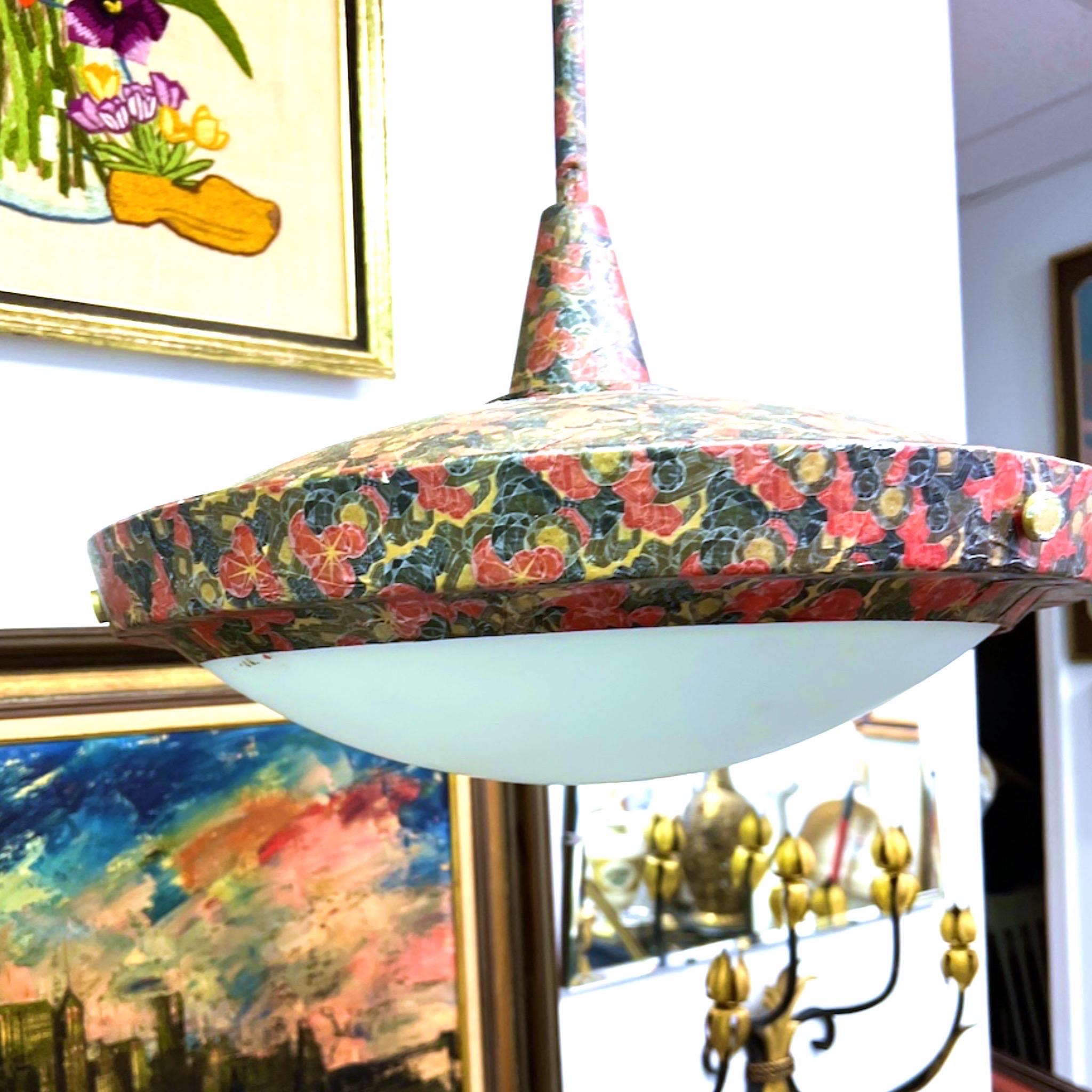 Mid-Century Modern Mid-Century Large Decoupaged Saucer Pendant Light For Sale