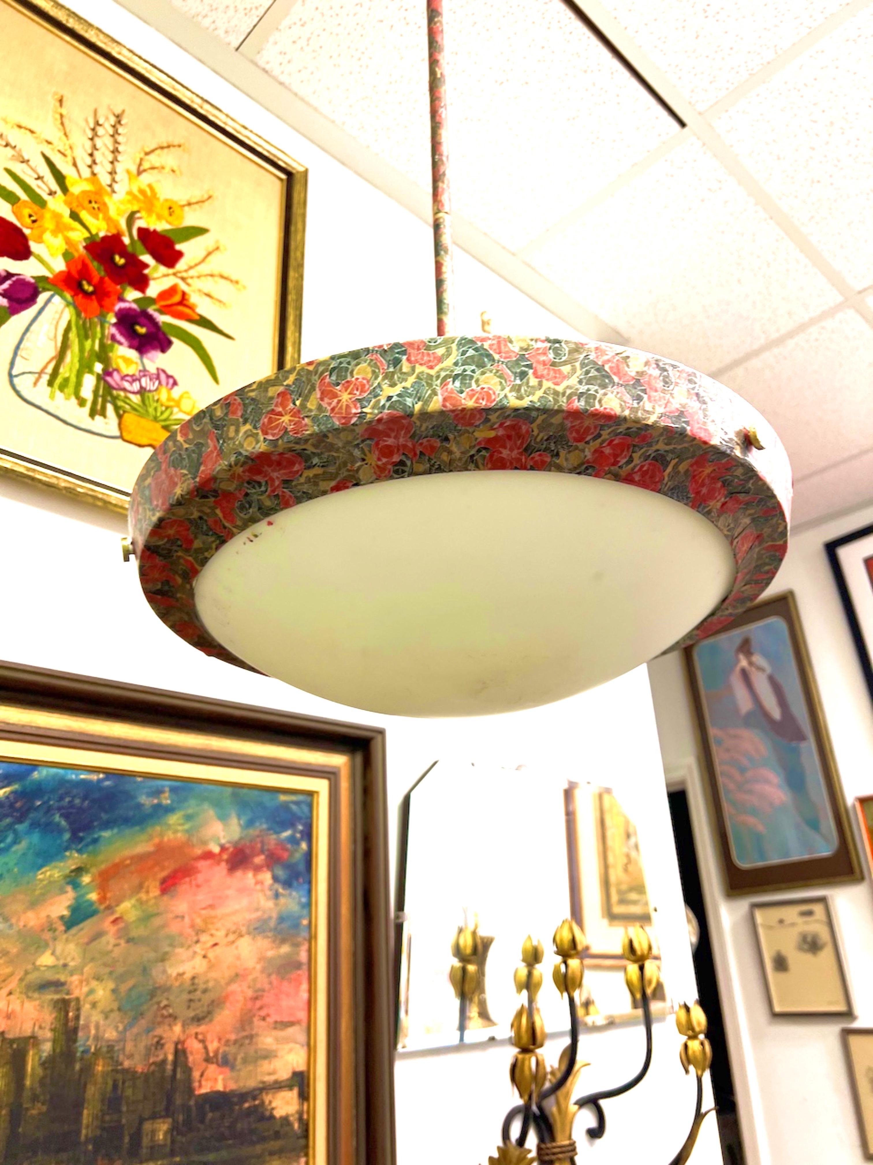 Paper Mid-Century Large Decoupaged Saucer Pendant Light For Sale