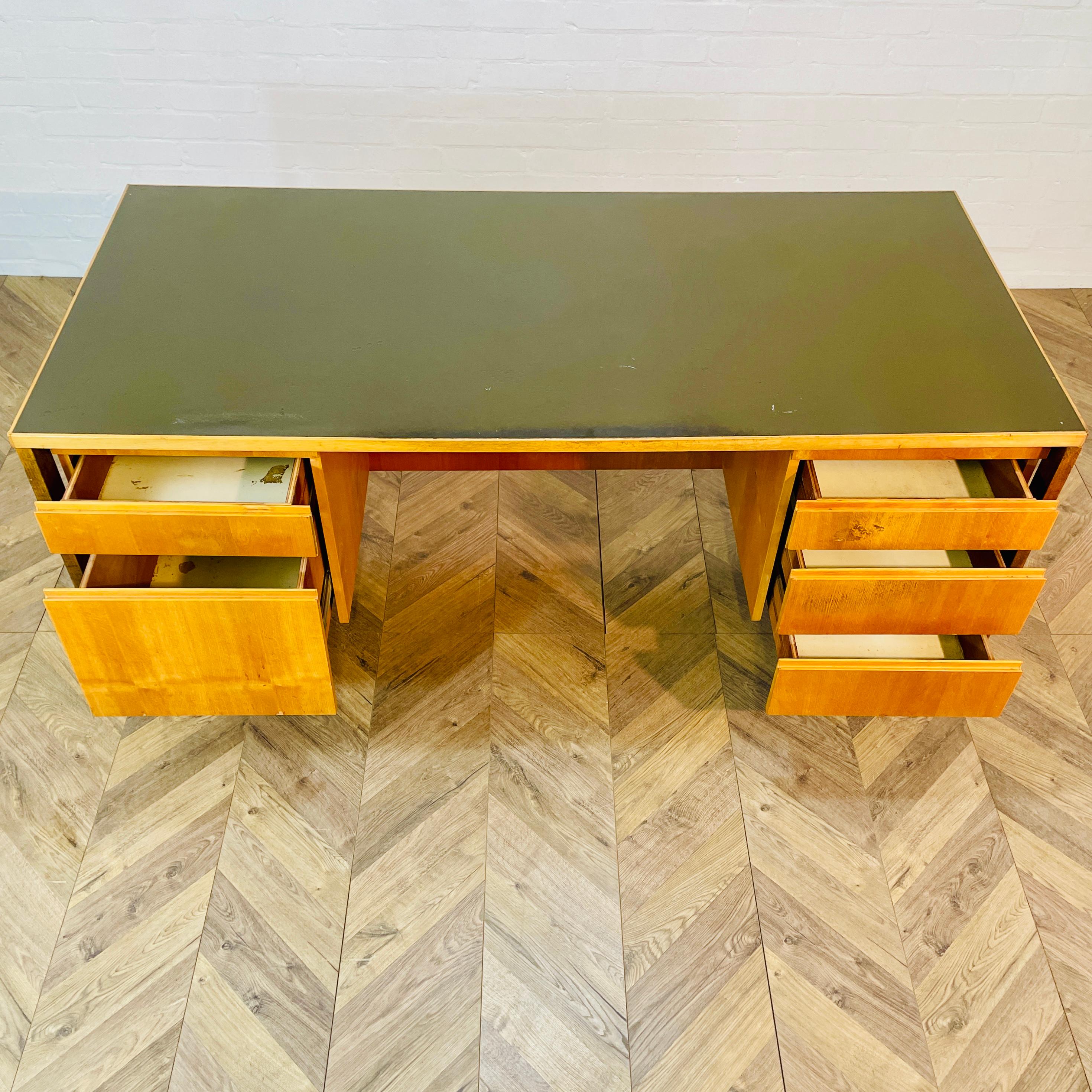 Oak Mid-Century Large Desk By Jens Risom with Green Rixine Top, circa 1960s For Sale
