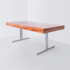 Mid-Century Large Desk, Veneered Wood, Chrome-Plated Steel, Germany, ca. 1960