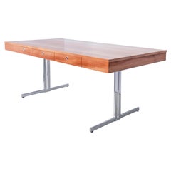 Mid-Century Large Desk, Veneered Wood, Chrome-Plated Steel, Germany, ca. 1960