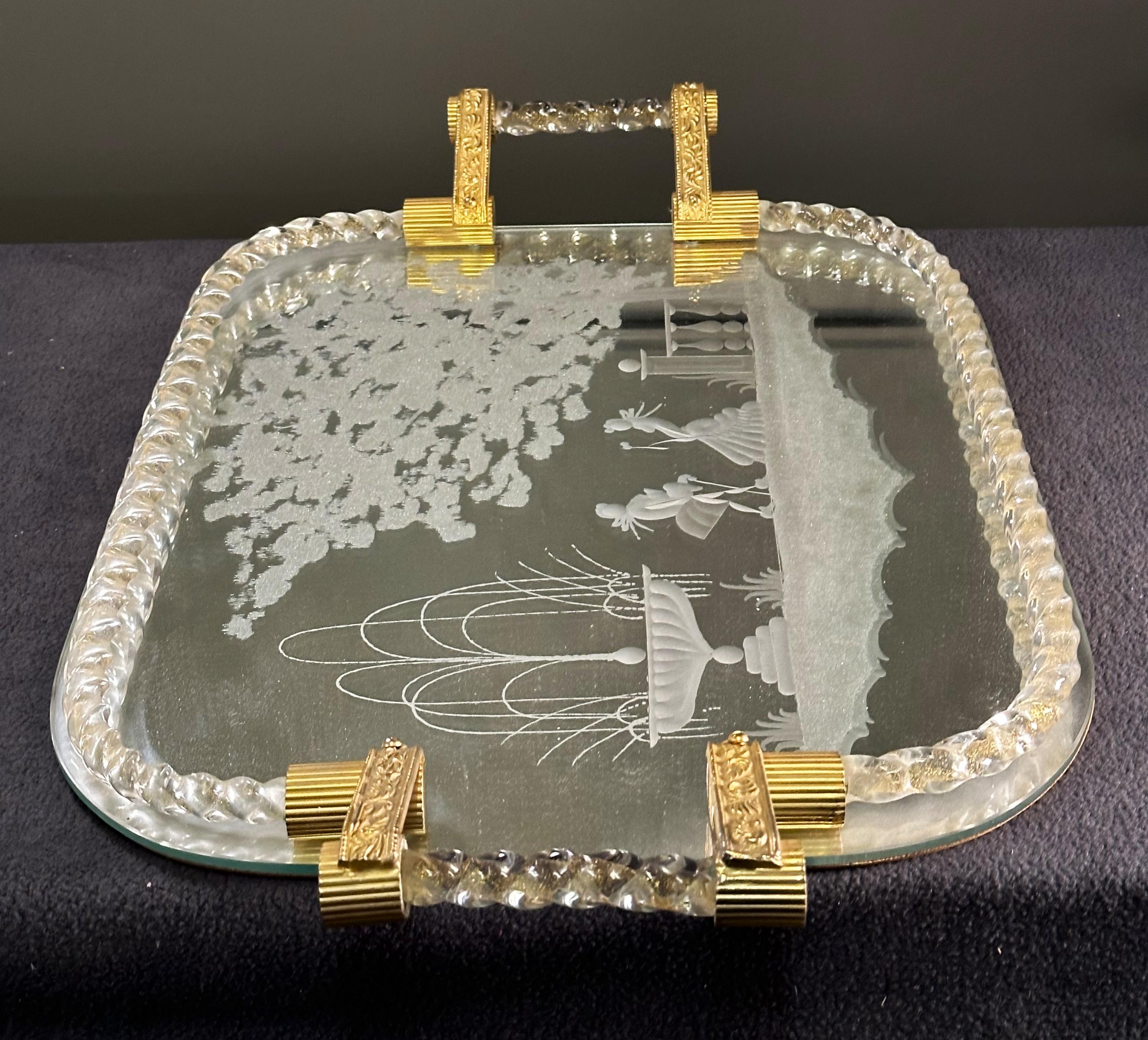 Mid-Century large engraved Murano Glass Mirror Tray, Italy 1960 For Sale 5