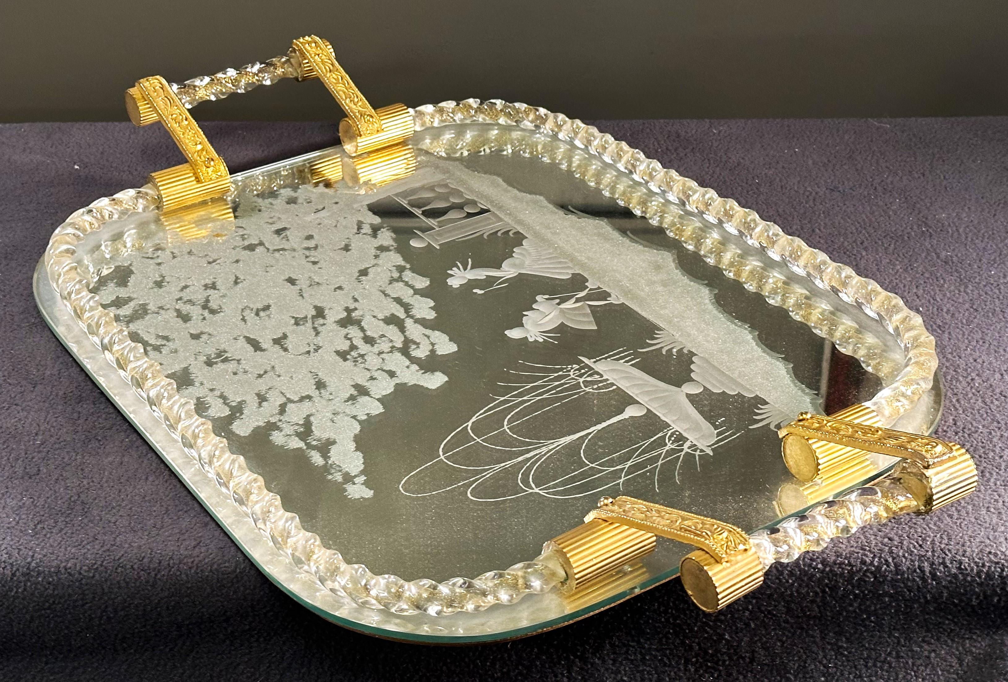 Großes graviertes Murano-Spiegel-Tablett aus der Jahrhundertmitte, Italien 1960 im Angebot 9