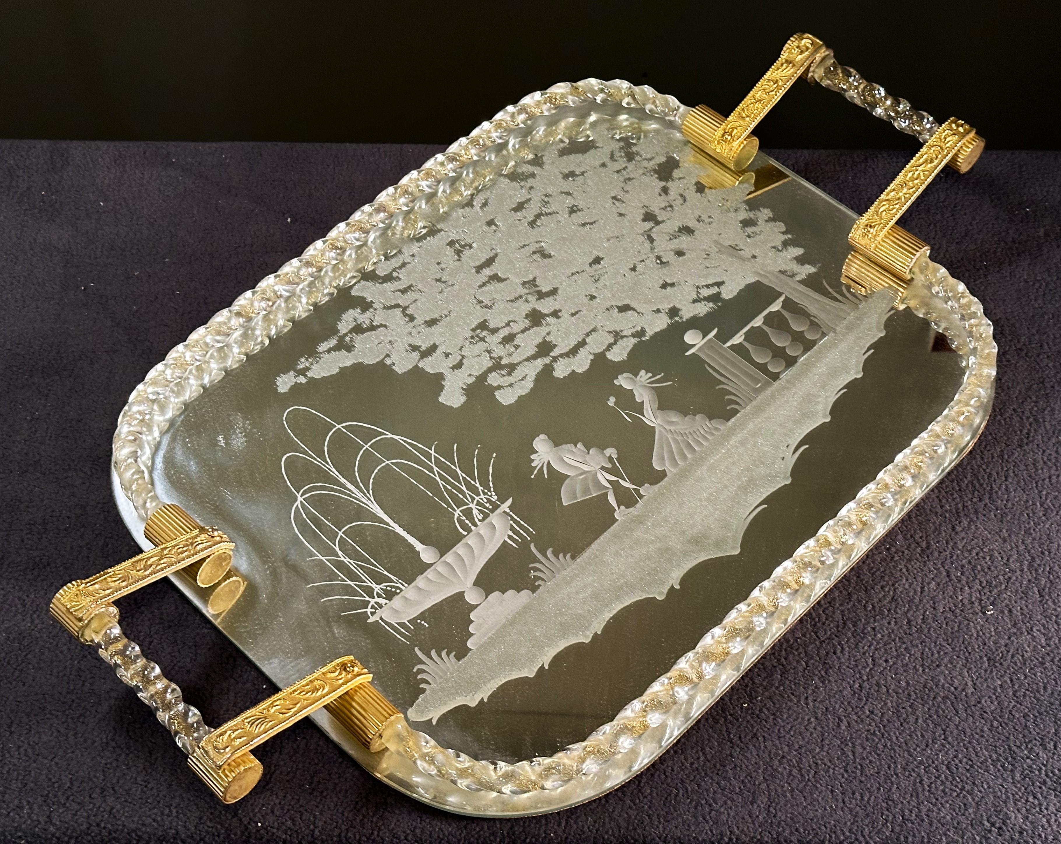 Großes graviertes Murano-Spiegel-Tablett aus der Jahrhundertmitte, Italien 1960 im Angebot 10